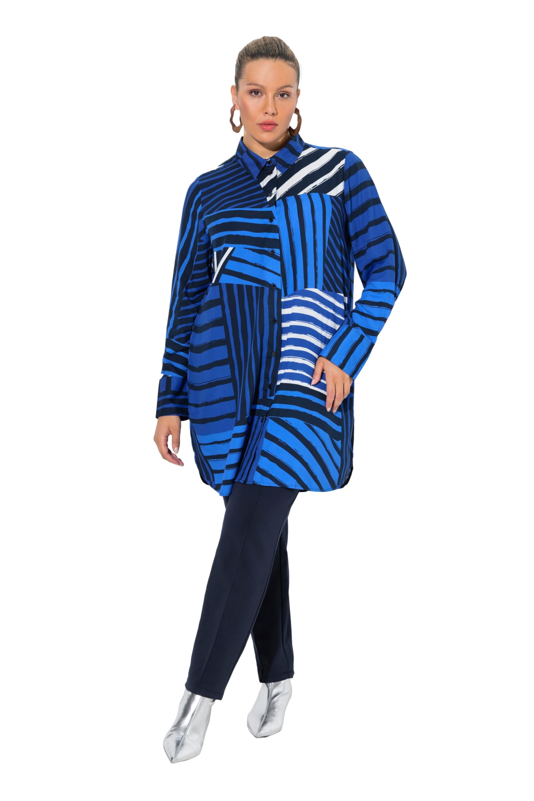 Ulla Popken Damen große Größen Übergrößen Plus Size Hemdbluse, Streifen, A-Linie, Hemdkragen, Langarm 847647