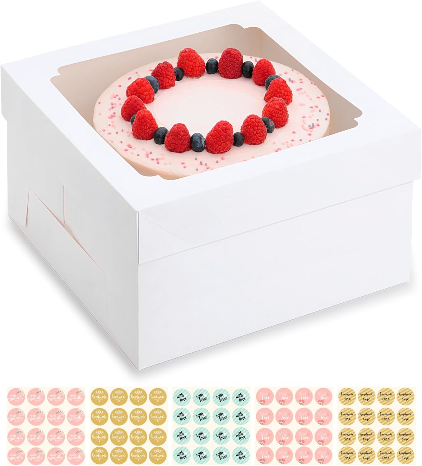 12x12x8 Inch Cake Boxes 30 pcs, Large 12 Inch Cake Box with Window for 8 Inch Tall Tiered Bakery Cakes, Pies, Sturdy Square White Cardboard, Cake Decorating Supplies (80 Pcs Stickers)