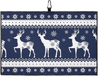 OComster Christmas Golf Towel with Carabiner Clip, Xmas Elk Snowflake Blue Merry Christmas Microfiber Waffle Pattern Golf Towel, Golf Accessories for Cleaning Clubs and Balls, 24x16 in