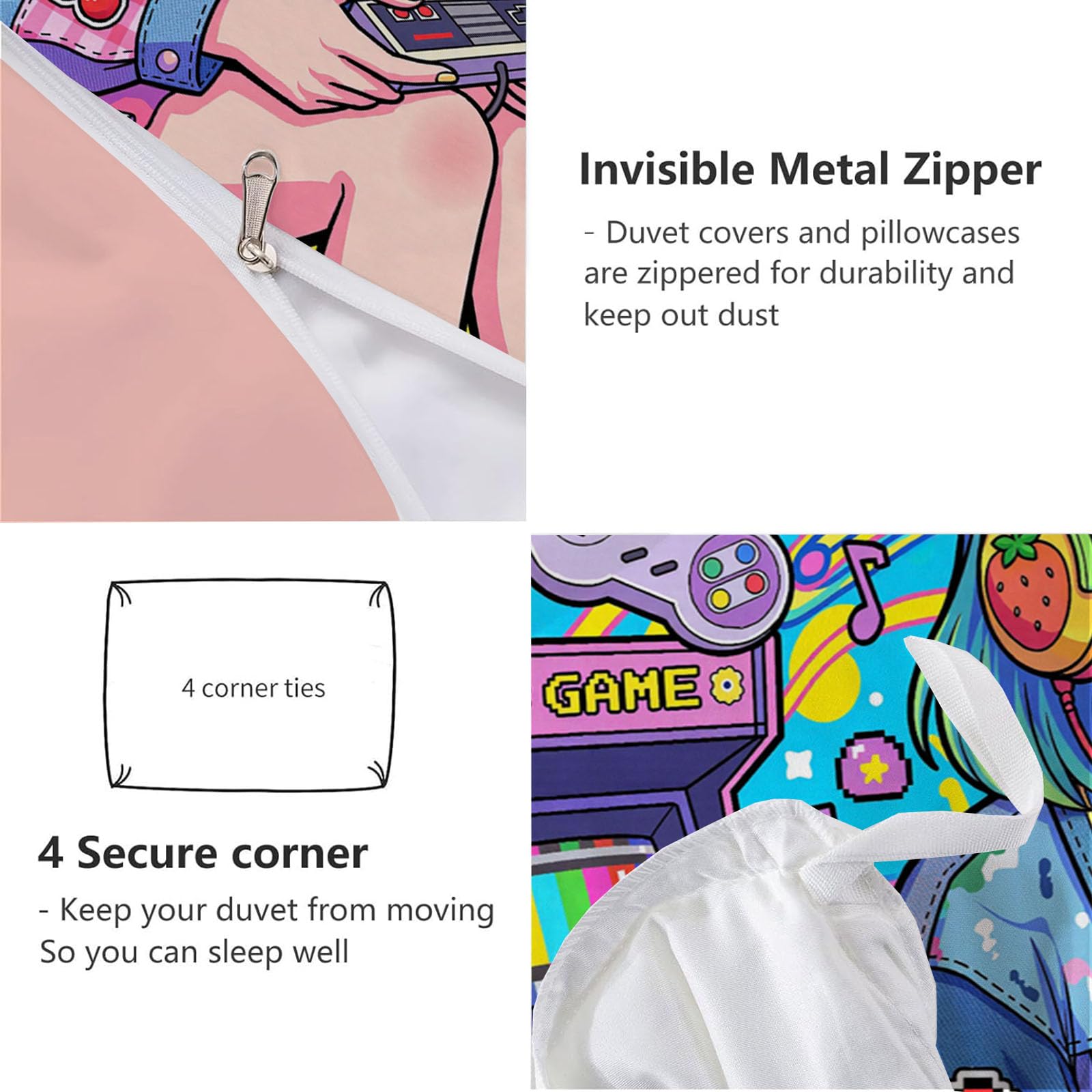 Anime Carini Copripiumino Stampa, Morbida Traspirante Ragazza Dei Videogiochi Retrò Copripiumino Con Cerniera 240 x 220 cm Per Bambini Adulti Set Di Biancheria Da Letto Con Federe, Blu