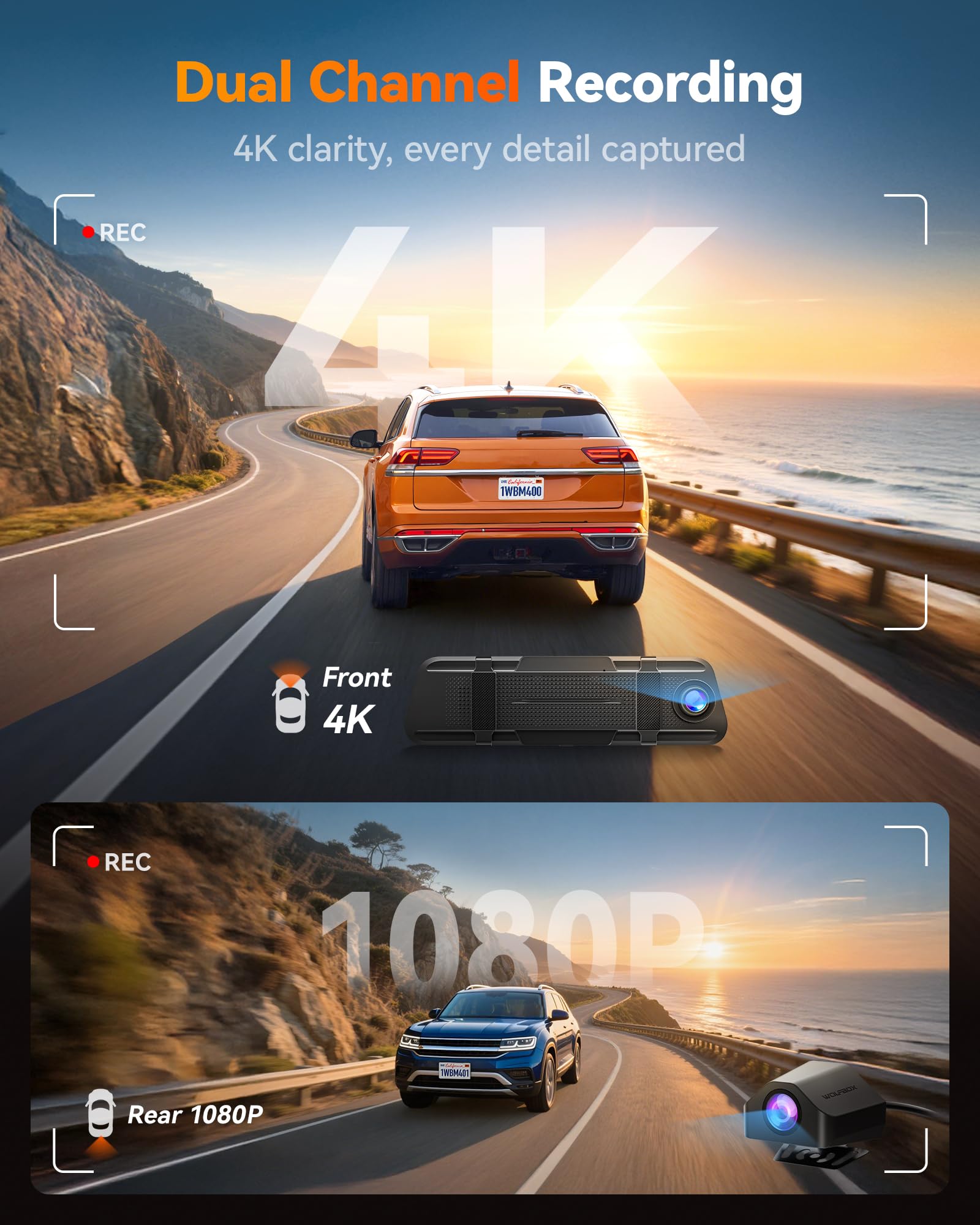 WOLFBOX M40 10" Specchio Telecamera Posteriore, Dashcam 4K+1080P Auto Anteriore Posteriore, Specchio Dashcam con ADAS/BSD, Comando Vocale, Incluso Scheda da 64GB, Wi-Fi & GPS