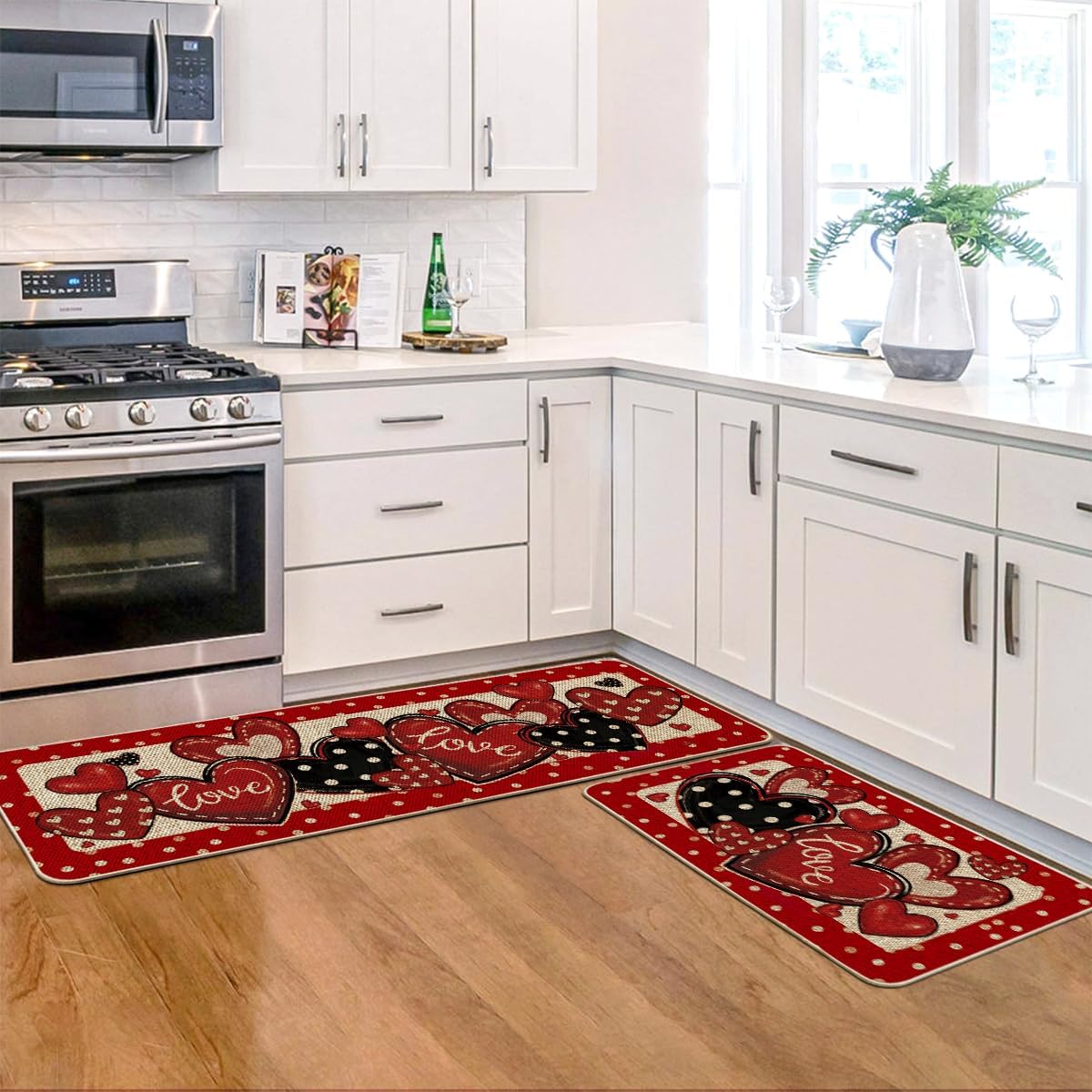 Artoid Mode Red Dot Heart Love Valentines Kitchen Mats Set of 2, Low-Profile Home Decor Kitchen Rugs for Floor - 17x29 and 17x47 Inch