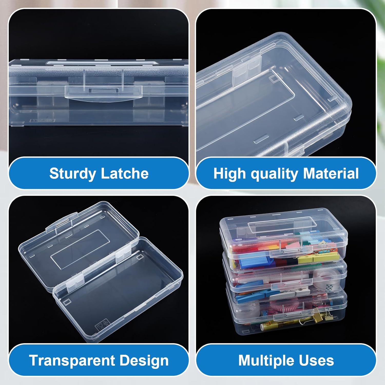 6 Pack Plastic Pencil Boxes, Large Capacity Pencil Case, Stackable Design, Clear Storage Box with Snap-tight Lid, Hard Pencil Case for Pens Office Supplies