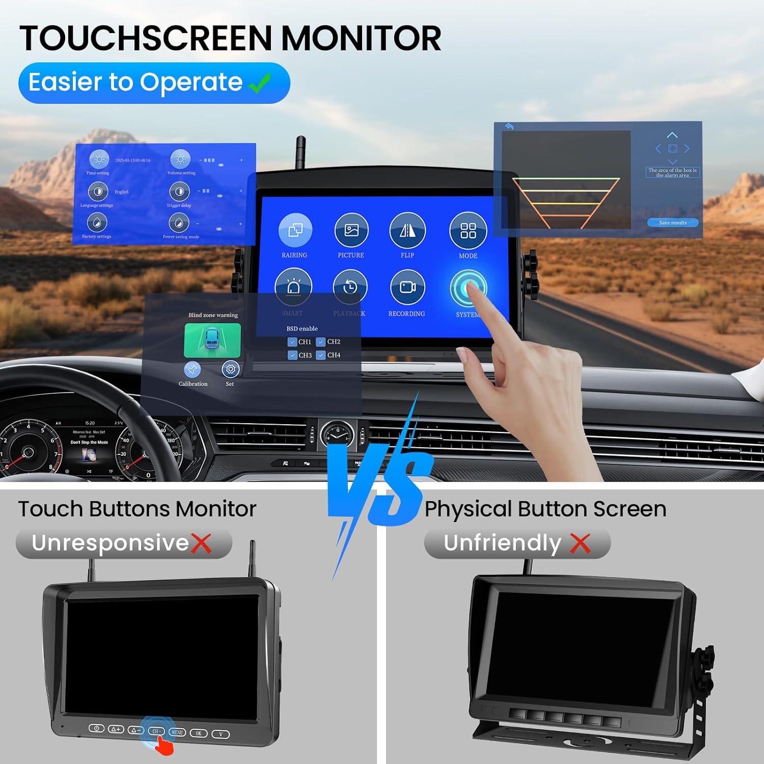 Comparison of touchscreen monitor versus physical button screen for RV backup cameras