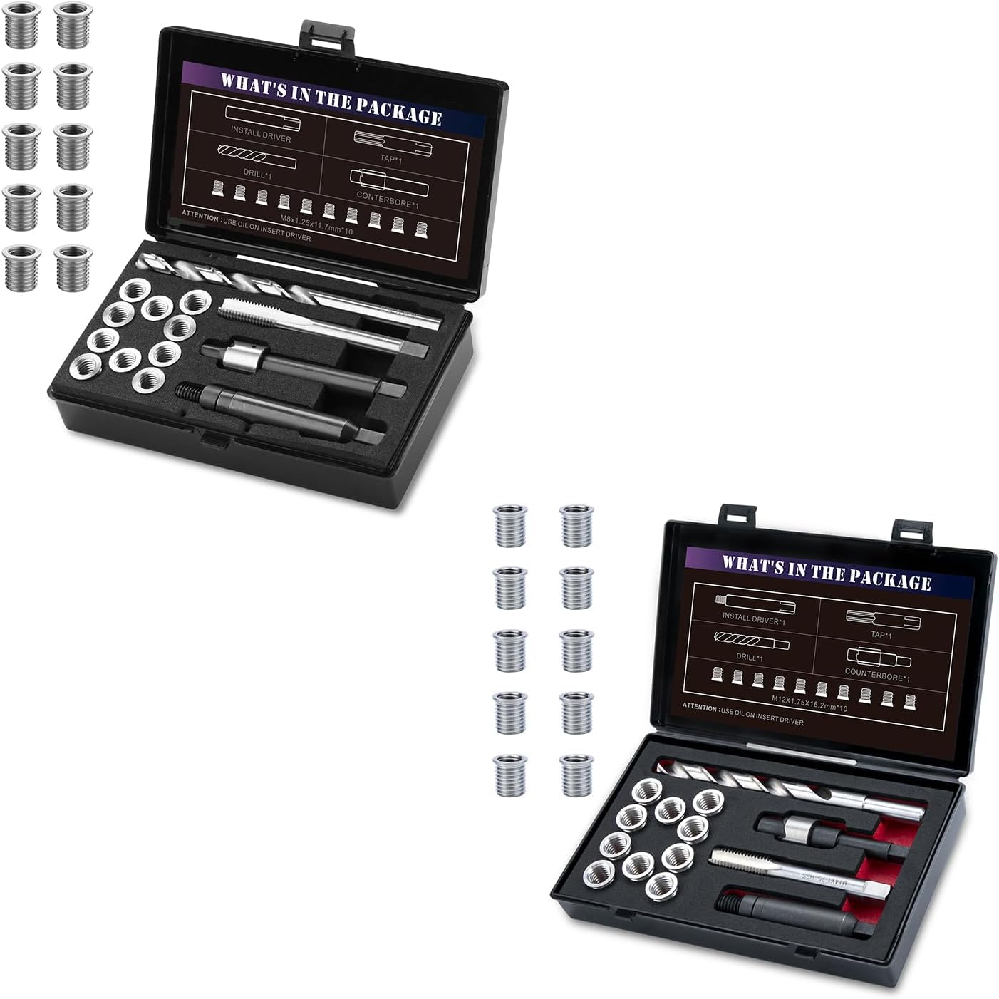 M8x1.25 Thread Repair Kit with 11.7mm Insert and M12X1.75X16.2MM Thread Repair Kit with 16.2MM Insert