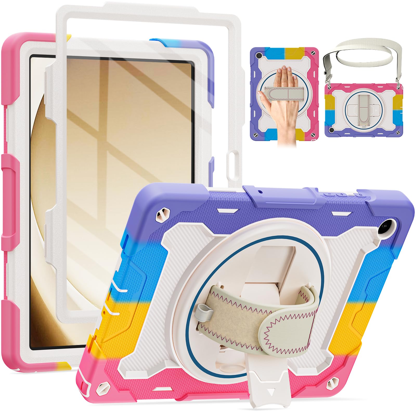 ROSROME Case for Galaxy Tab A9 Plus 5G/ A9+ (11 Inch) with HD Screen Protector & Shoulder Strap|15ft Drop Protection|360 Stand Hand Strap Case for