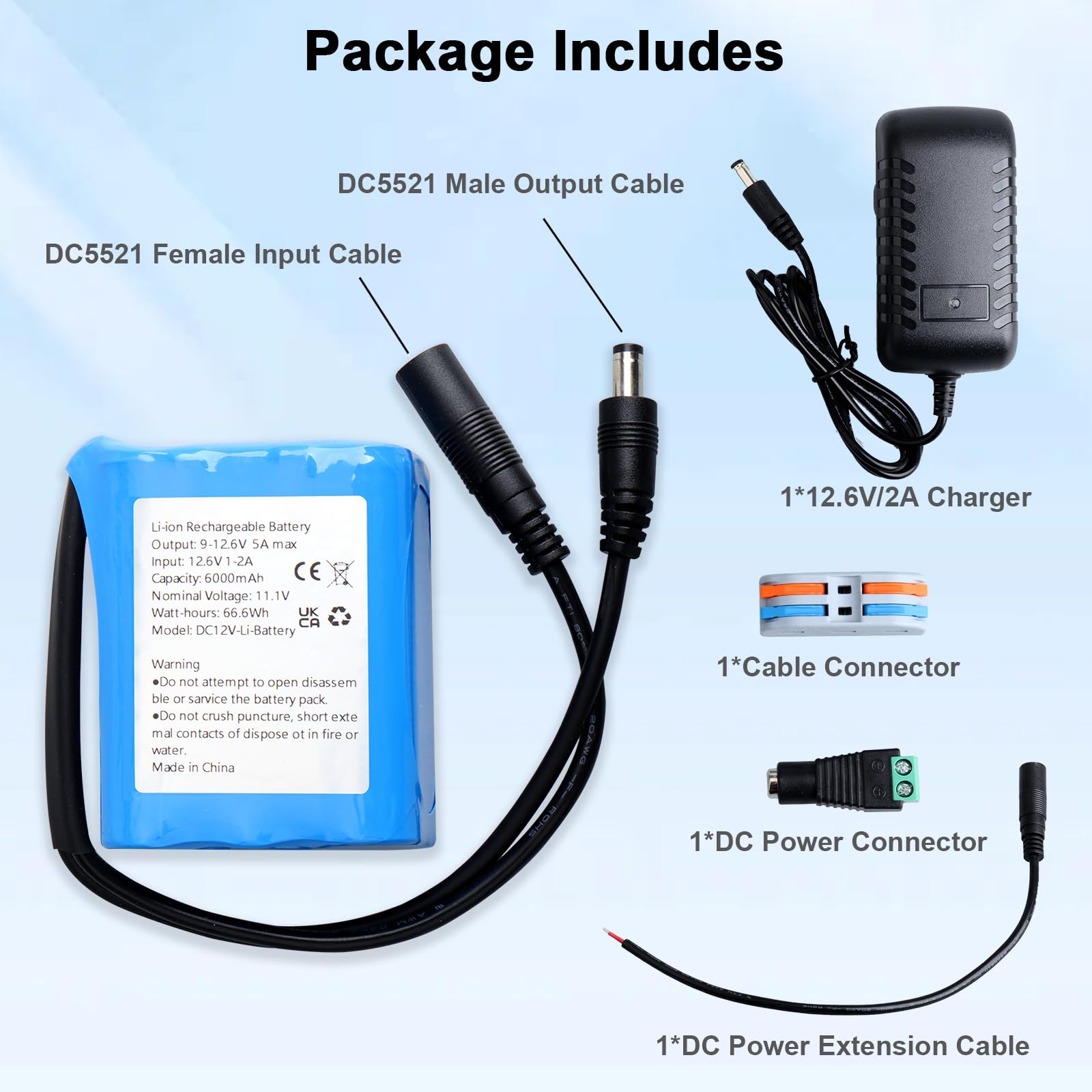 6000mAh 12V Wiederaufladbarer Lithium-Ionen-Akku, Geeignet für Kamera, MP3-Player, Camcorder, Elektronische Keyboard, CCTV-Kamera, Router, Solar Panel, usw. (Inklusive Ladegerät und Steckverbinder)