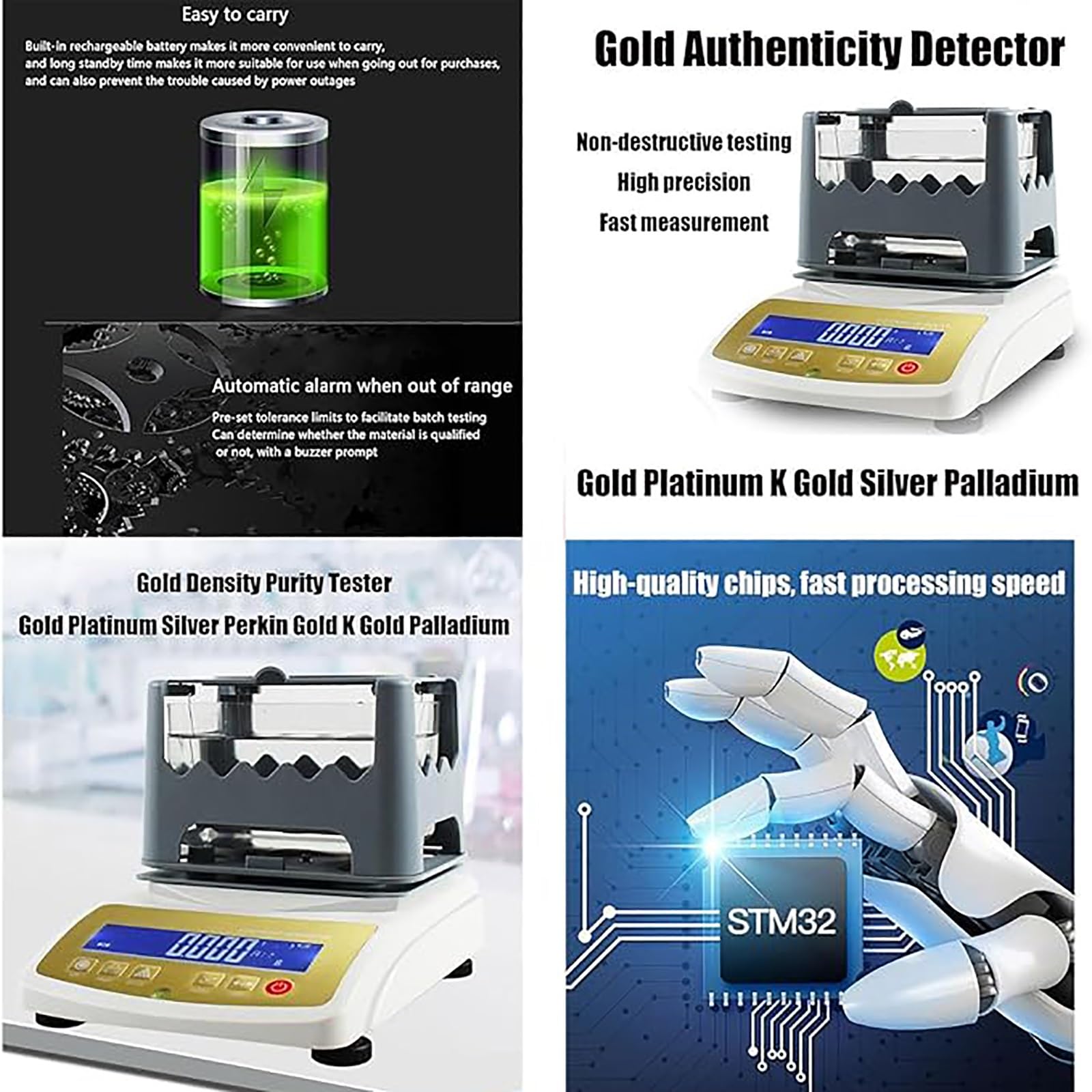 Cyfrowy elektroniczny analizator czystości złota metali szlachetnych, tester gęstości, detektor karatów o maksymalnej wadze 1200 g i rozdzielczości gęstości 0,0001 g/cm3