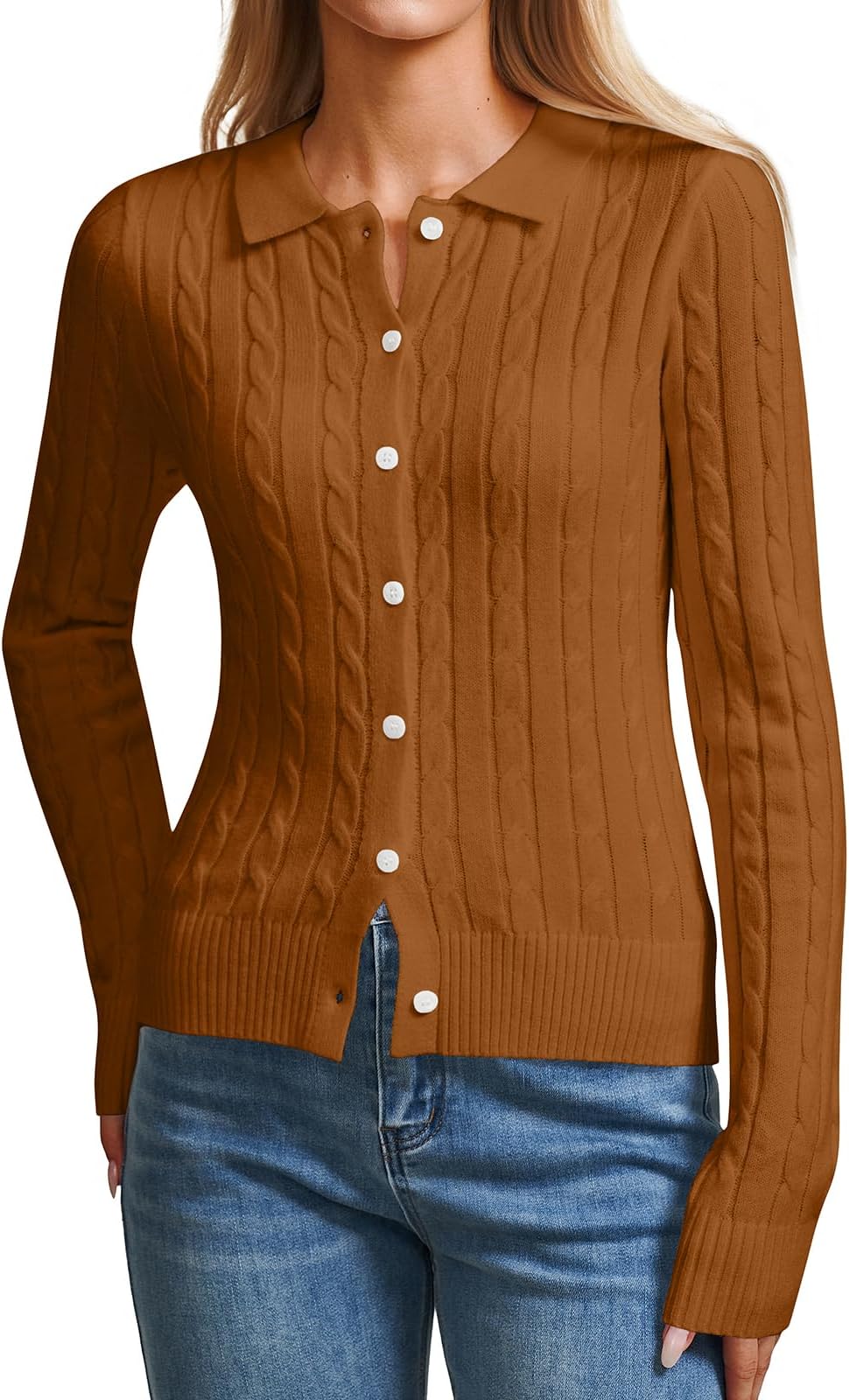 Womens Cable Knit Cardigans Collared Long Sleeve Lightweight Button Down Open Front Jumpers Ladies Tops Outerwear Polo Shirt Cardigan for Women UK