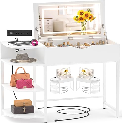 Cyclysio - Escritorio de tocador con espejo abatible y luces, escritorio de tocador de maquillaje con cajones, mesa de vestir con estantes de