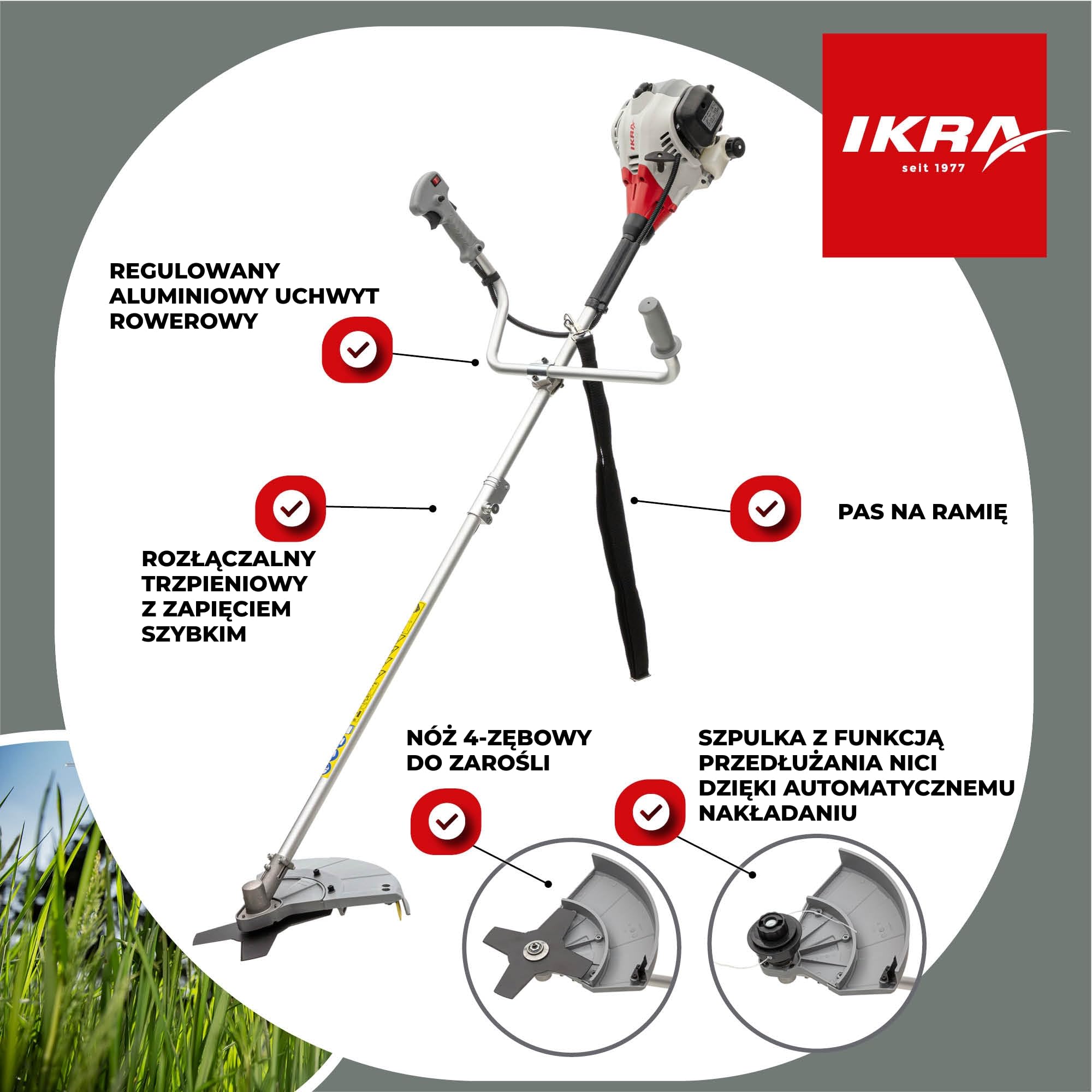 IKRA Podkaszarka spalinowa IBF 25-1 szpula żyłkowa,trójząb i szelki | Silnik 2-suwowy 25 cm³, 0,8 kW, uchwyt rowerowy, szerokość cięcia 23 cm do wysokiej trawy, gałęzi i chwastów