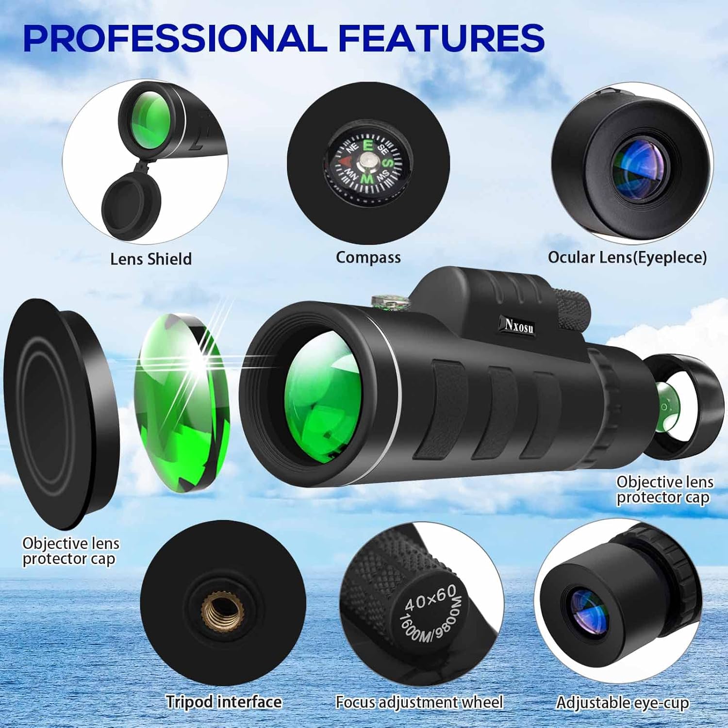 Nxosu Monocular Telescope High Power: HD 40X60 Monoscope BAK4 Prism for Adults Military Birdwatching Wildlife Watching Hiking Hunting High Definition Handheld Monoculars Telescopes for Smartphone
