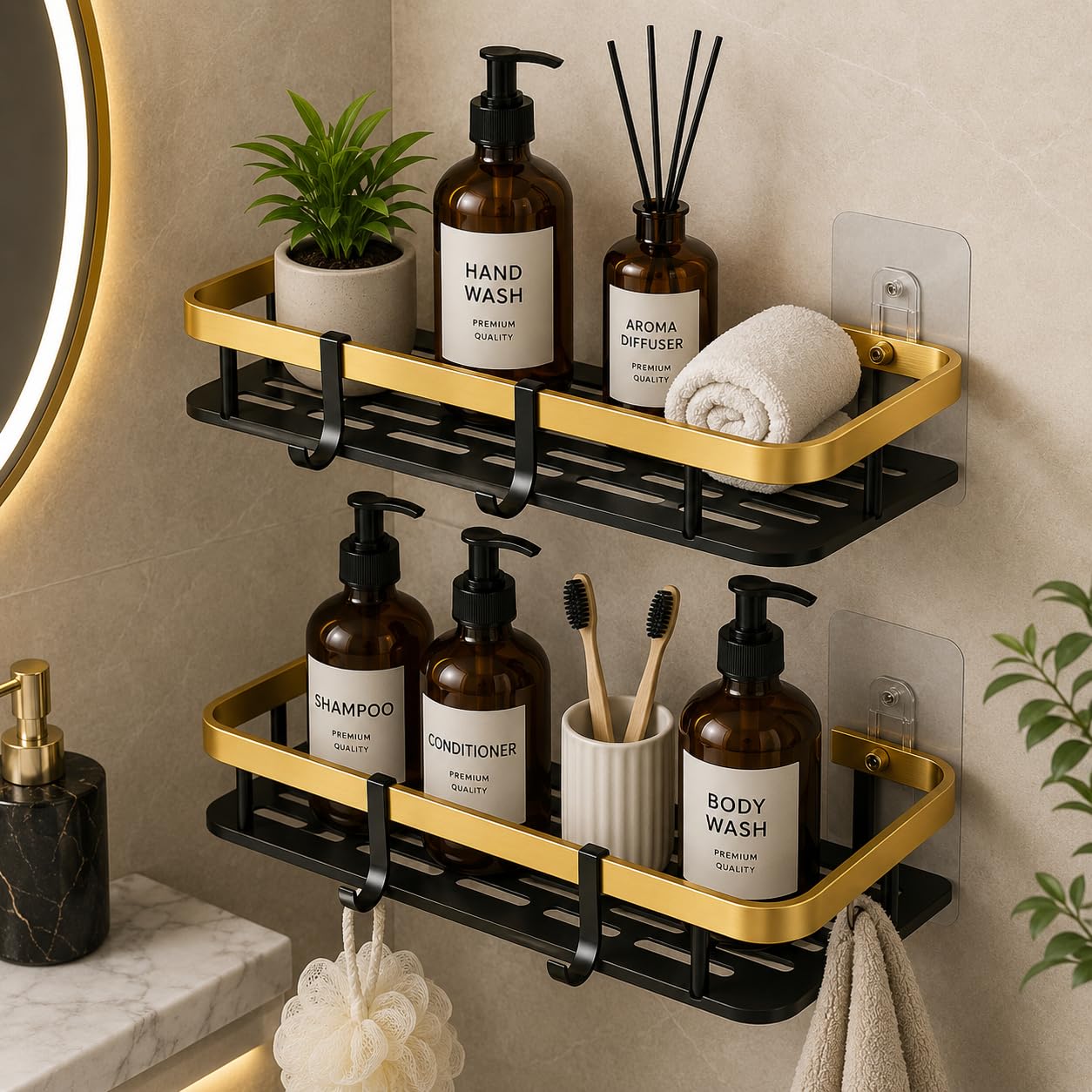 Plastic Self-Adhesive Bathroom Corner Shelf, Wall-Mounted No-Drill Storage Rack Organizer for Bathroom & Kitchen (Pack of 2) (Gold)-picture-29