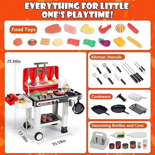 Miniatura 7 de Juguetes de cocina para niños, parrilla de barbacoa para niños con humo, sonido y luz, carrito de parrilla de juguete de 2 capas, juguetes para