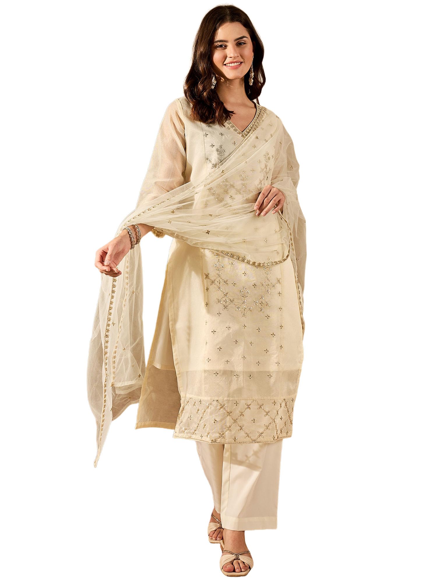 fabian fashion Women's Chanderi Cotton Silk Embroidery Kurta And Silk Crepe Pant Set With Lace Border Net Dupatta Ethnic Wear Salwar Suit Set(ES_2531)-picture-12
