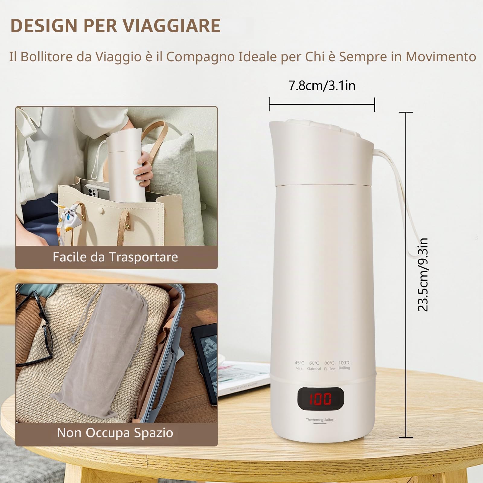 Piccolo bollitore portatile da 400 ml, mini tazza elettrica, scaldabagno rapido da 300 W, regolazione della temperatura, spegnimento automatico, bollitore da viaggio per preparare il tè