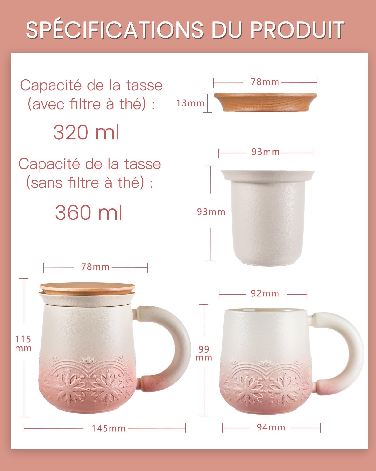 ZENS Taza de té con infusor y tapa, 330 ml - Taza de cerámica con relieve para té de hojas, tapa de madera, taza con filtro para amantes del té, rosa pálido