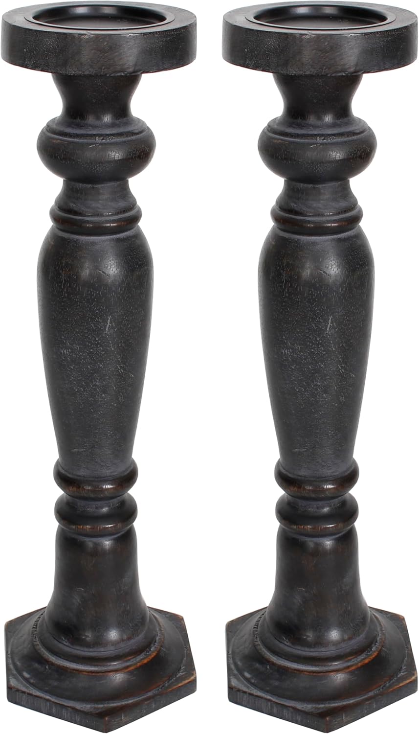 Juego de 2 candelabros de madera de mango de 18 pulgadas de alto x 6 pulgadas, color negro envejecido