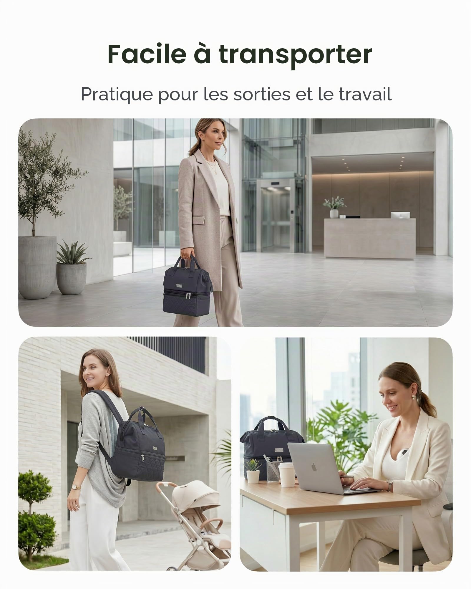 Sac à main portable pour tire-lait avec compartiment isotherme, sac de pompage à double couche avec pack de glace, sac isotherme de transport pour lait maternel avec tapis imperméable, convient pour 6