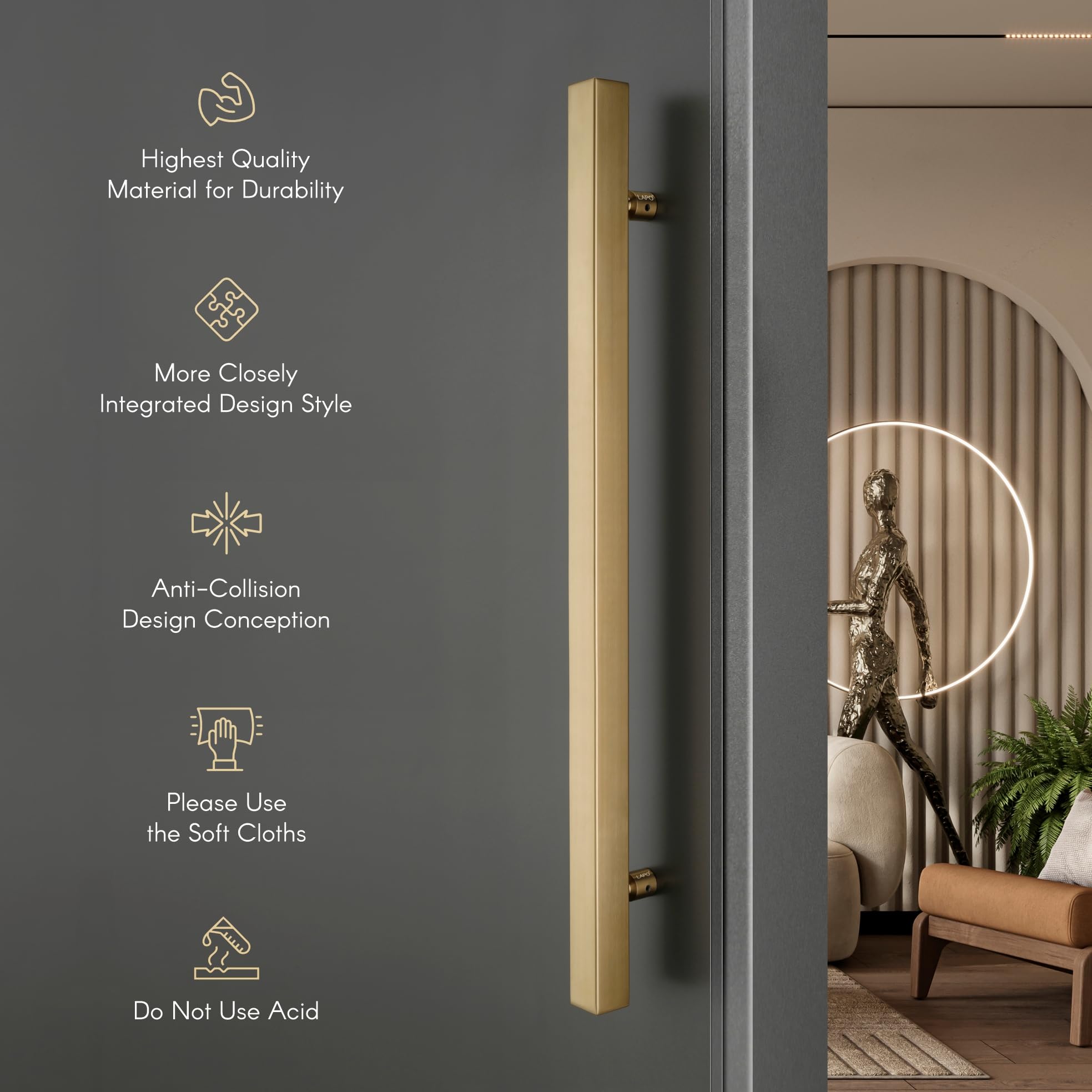 LAPO Pull Push Handle for Main Entrance | 24 Inch Stainless Steel Pull Handle | Gold Finish | Supports 30โ100mm Door Thickness |Ideal for Wooden & Glass Doors| 3 Years Warranty 3