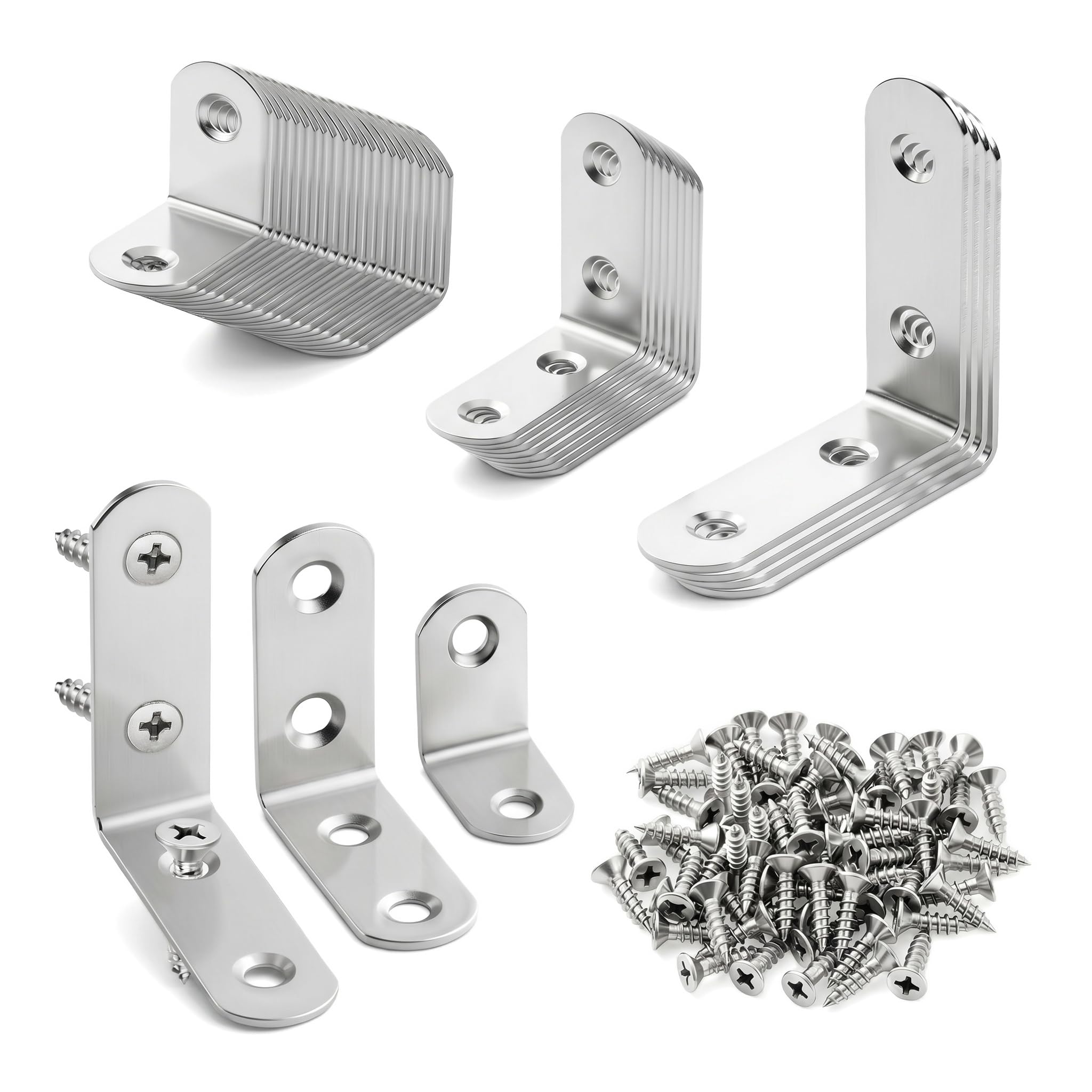 40 Pcs Corner Brackets with Screws L Brackets for Wood in 3Sizes(20x20 40x40 50x50mm) L Shaped Bracket Steel Right Angle with Screws Metal Corner for Wood Furniture Fixation
