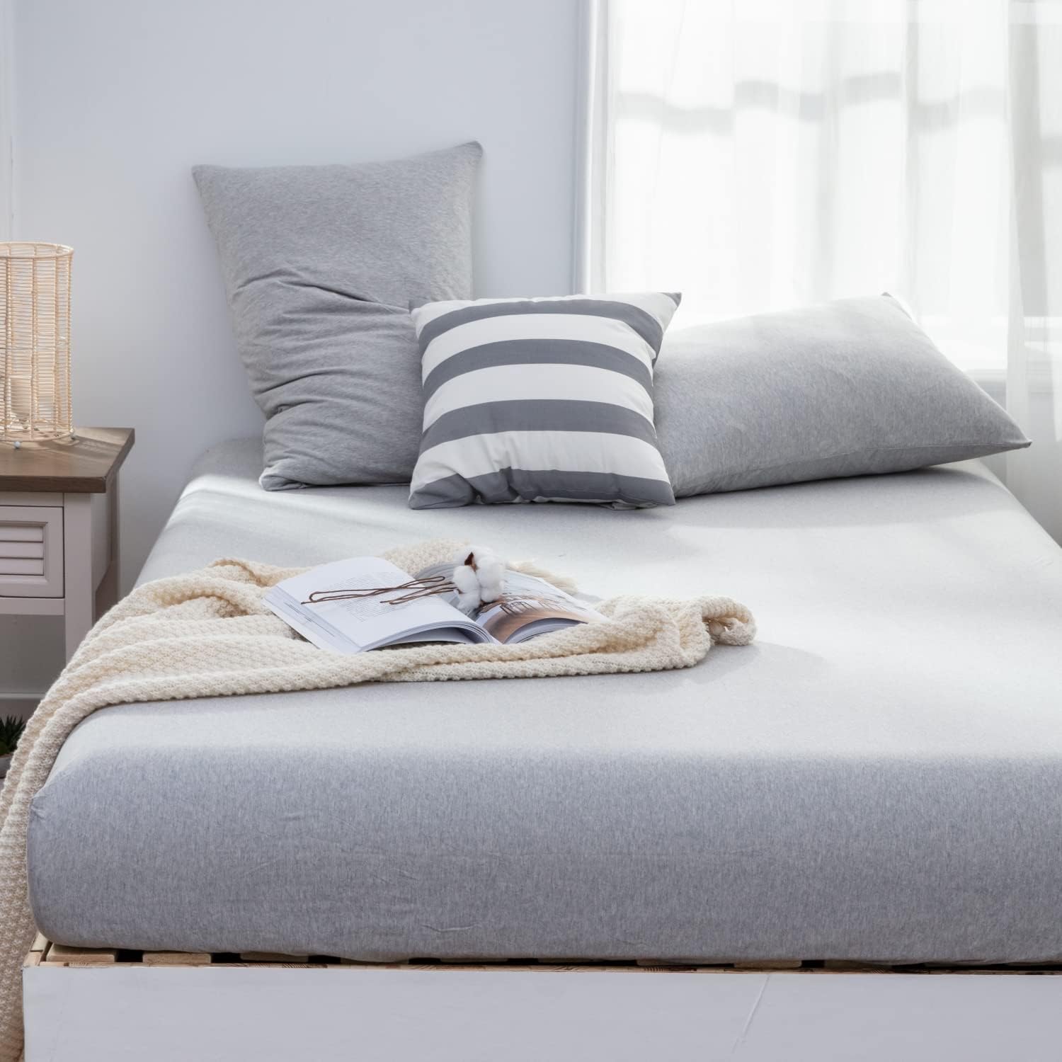 LIFETOWNLIFETOWN 100% Jersey Knit Cotton Sheet, Extra Deep Pocket Sheet, 1 Fitted Sheet with 2 Pillowcases, Wrinkle-Free Ultra Soft (Light Grey, King)