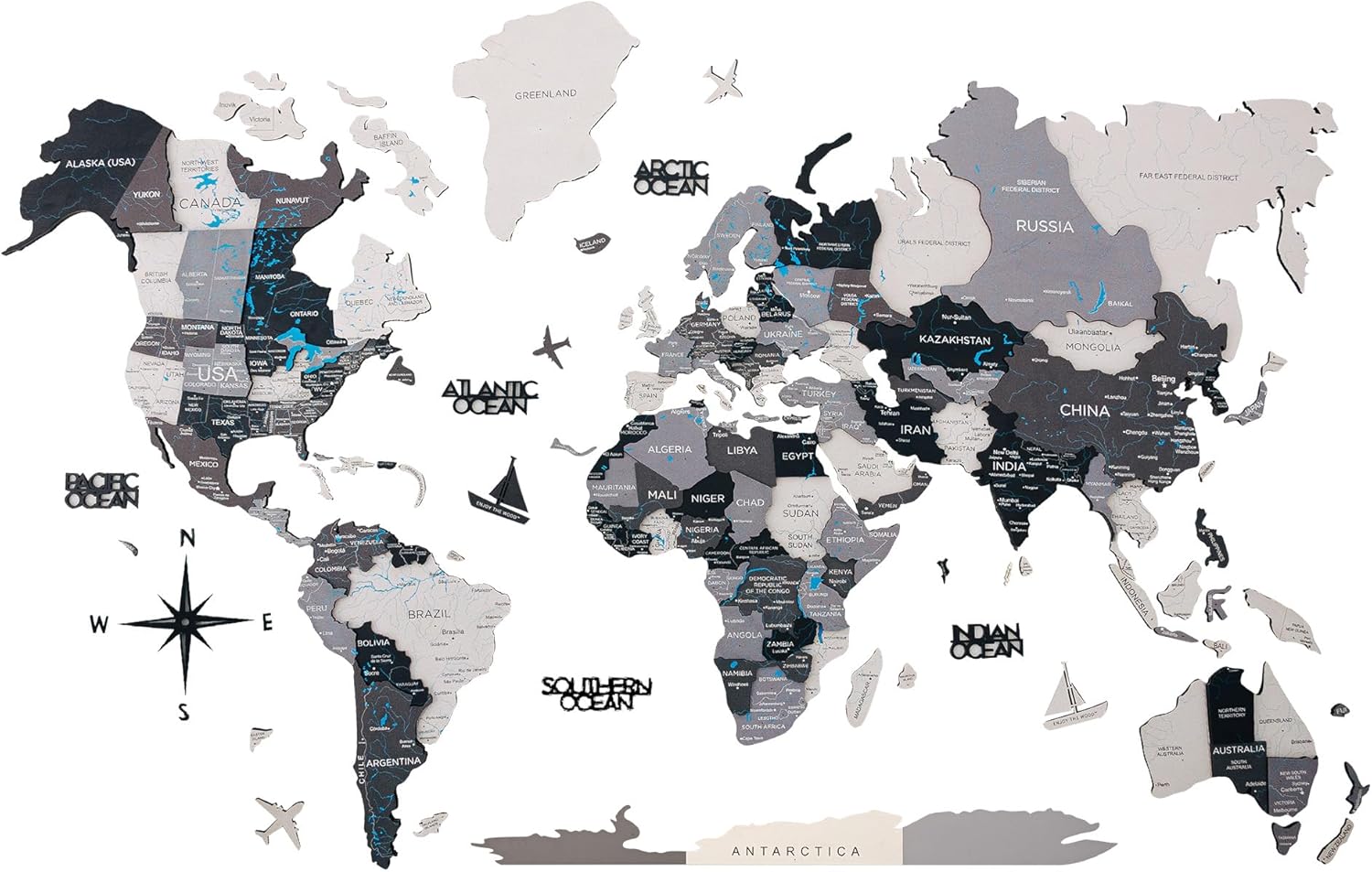 Home Decor 3D World Map Wooden Map of the World, Wall Art for Living Room, Kithcen & Home Decor. Housewarming Gift - Wood Art, Wooden Travel Map with Rivers & Ocean Names | Nordik (Medium)