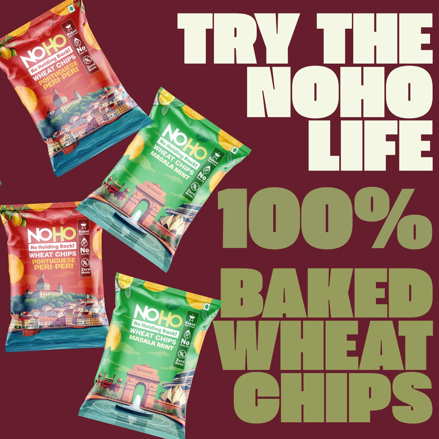 NoHo Wheat Chips | Peri Peri x2 & Masala Mint x2 (Pack of 4) | Healthy Baked, Not Fried | No Maida, No Palm Oil | Combo of 2 Flavours| Spicy, Tangy and Not So Spicy | Evening Snacks for Adults & Kids |