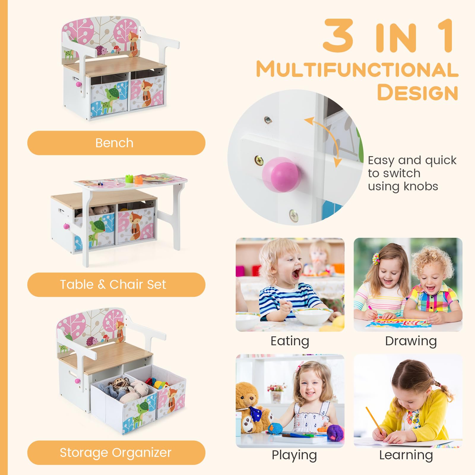 FANTASK 3 in 1 Kinderbank, Kinder Tisch Stuhl Set mit 2 Stoffboxen, Kindersitzgruppe mit Stauraum & Armlehenen für Kinderzimmer (Weiß)