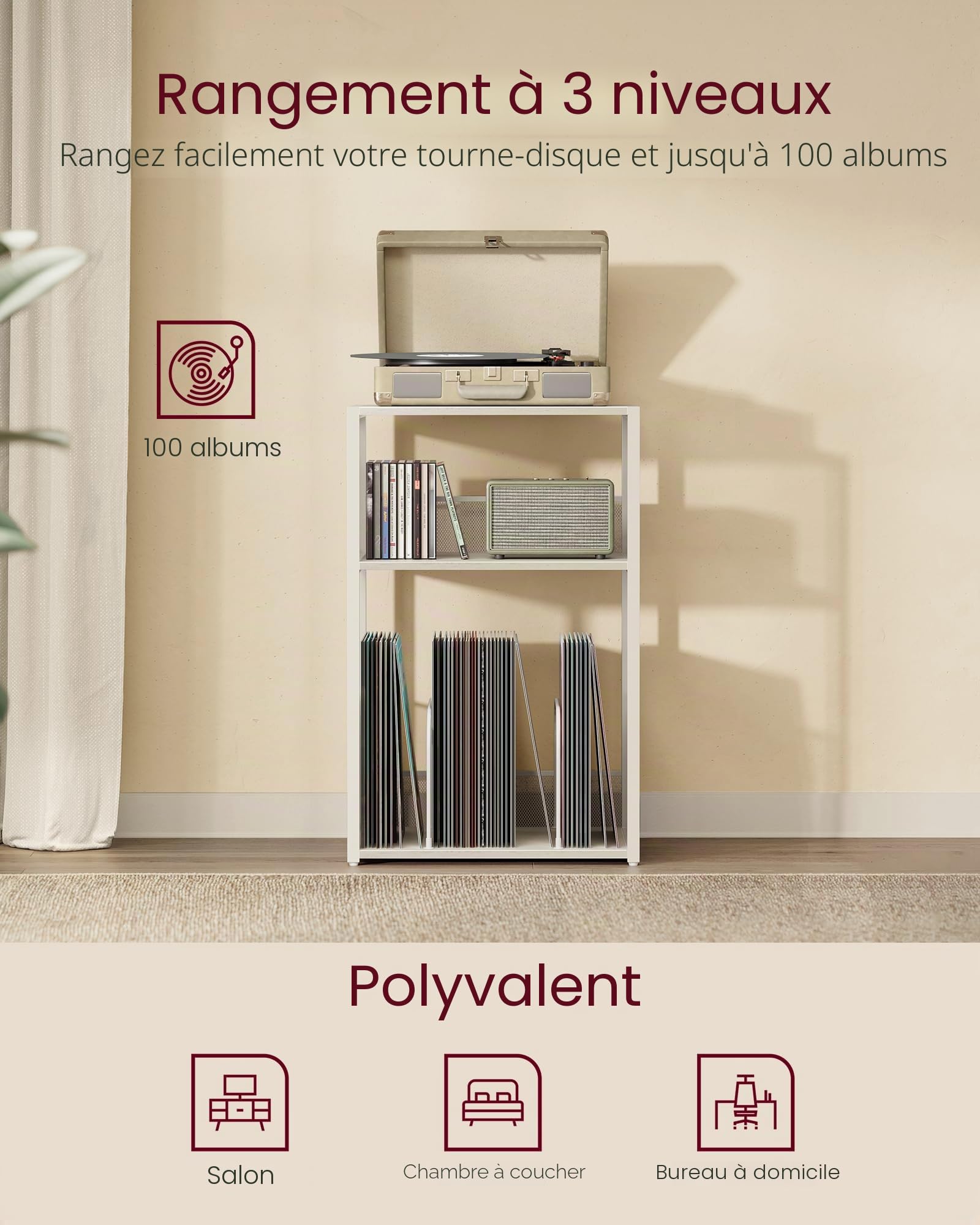 VASAGLE Support pour tourne-disque, table d'appoint à 3 niveaux, rangement de disques vinyles jusqu'à 100 albums, table d'appoint pour salon, chambre à coucher, blanc rustique ULET275W01