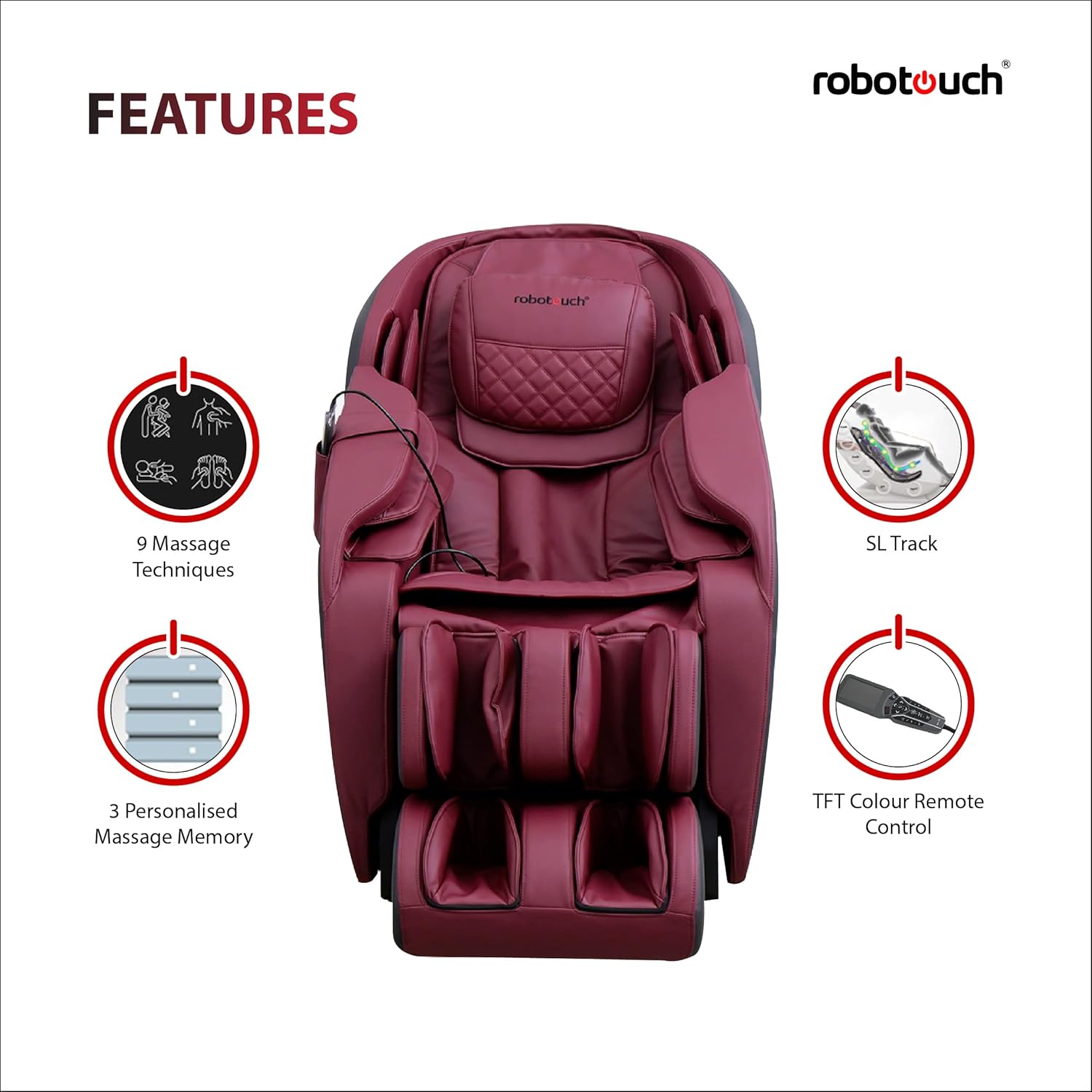 Robotouch Echo Plus Zero Gravity Full Body Massage Chair For Home Use. Neck, Shoulder, Back Pain Relief| Body Stretch, Rollers, Heating, Kneading, Back Rest,1 Year Onsite Warranty. (Red) - Leather Robotouch Echo Plus Zero Gravity Full Body Massage Chair For Home Use. Neck, Shoulder, Back Pain Relief| Body Stretch, Rollers, Heating, Kneading, Back Rest,1 Year Onsite Warranty. (Red) - Leather