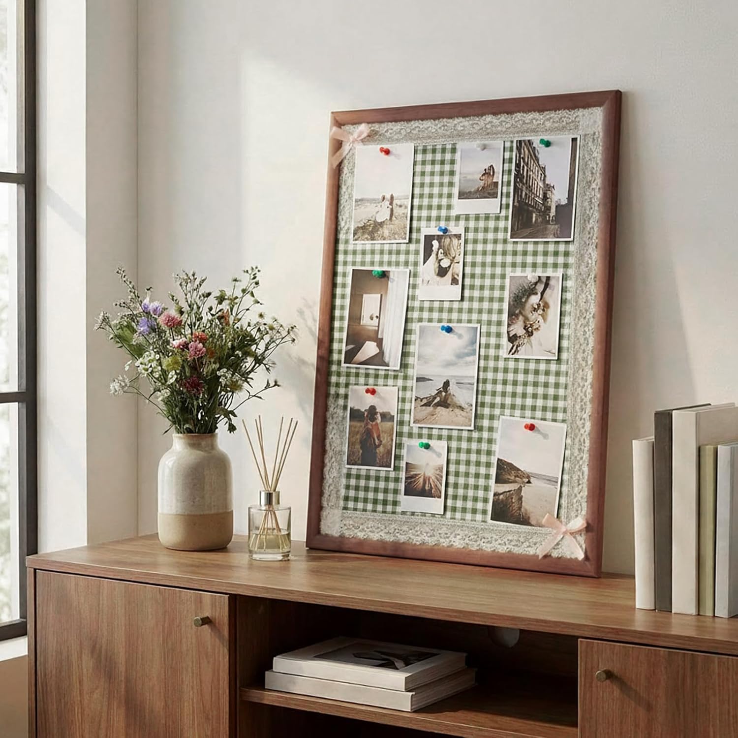 Leinuosen 17 x 23 Cork Board for Walls Decorative Cork Boards Green Gingham Home Decor Small Linen Bulletin Board Framed with Pins for Home Room School Office Decor