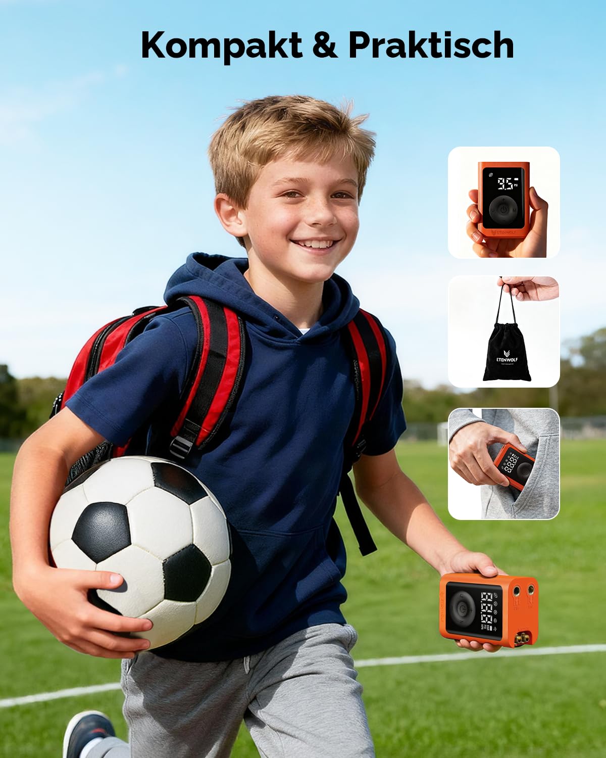 ETENWOLF Elektrische Ballpumpe,Tragbare Luftpumpe Aufblas und Abpumpfunktion 0,14-1,17 Bar,Basketballpumpe mit präzisem Manometer, Wiederaufladbare Luftpumpe für Bälle, ballpumpe fußball
