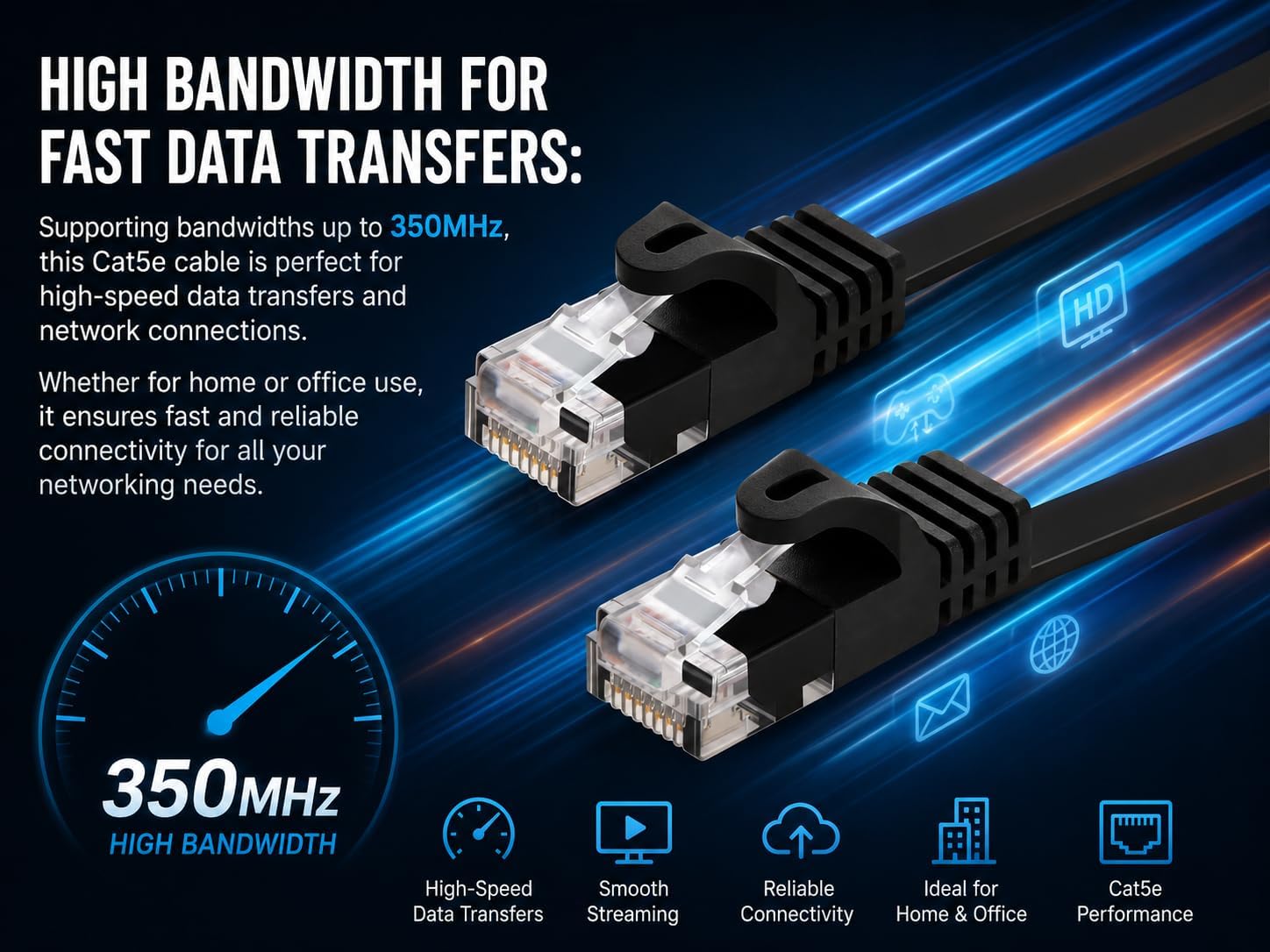 BRENDAZ Lot de 2 câbles Ethernet Cat5e de 30,5 m – Câble de raccordement réseau sans accroc, plat, 350 MHz, UTP, pour PC, serveur, routeur, modem, TV, PS5, consoles de jeux (2 pièces, 30,5 m)