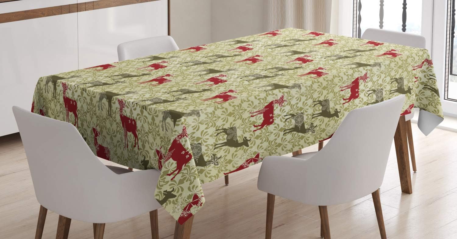 Ambesonne Christmas Tablecloth, Antique Rococo Damask Vintage Falling Snowflakes and Deer, Rectangular Table Cover for Dining Room Kitchen Decor, 60" X 84", Green Avocado 60" X 84" Green Avocado