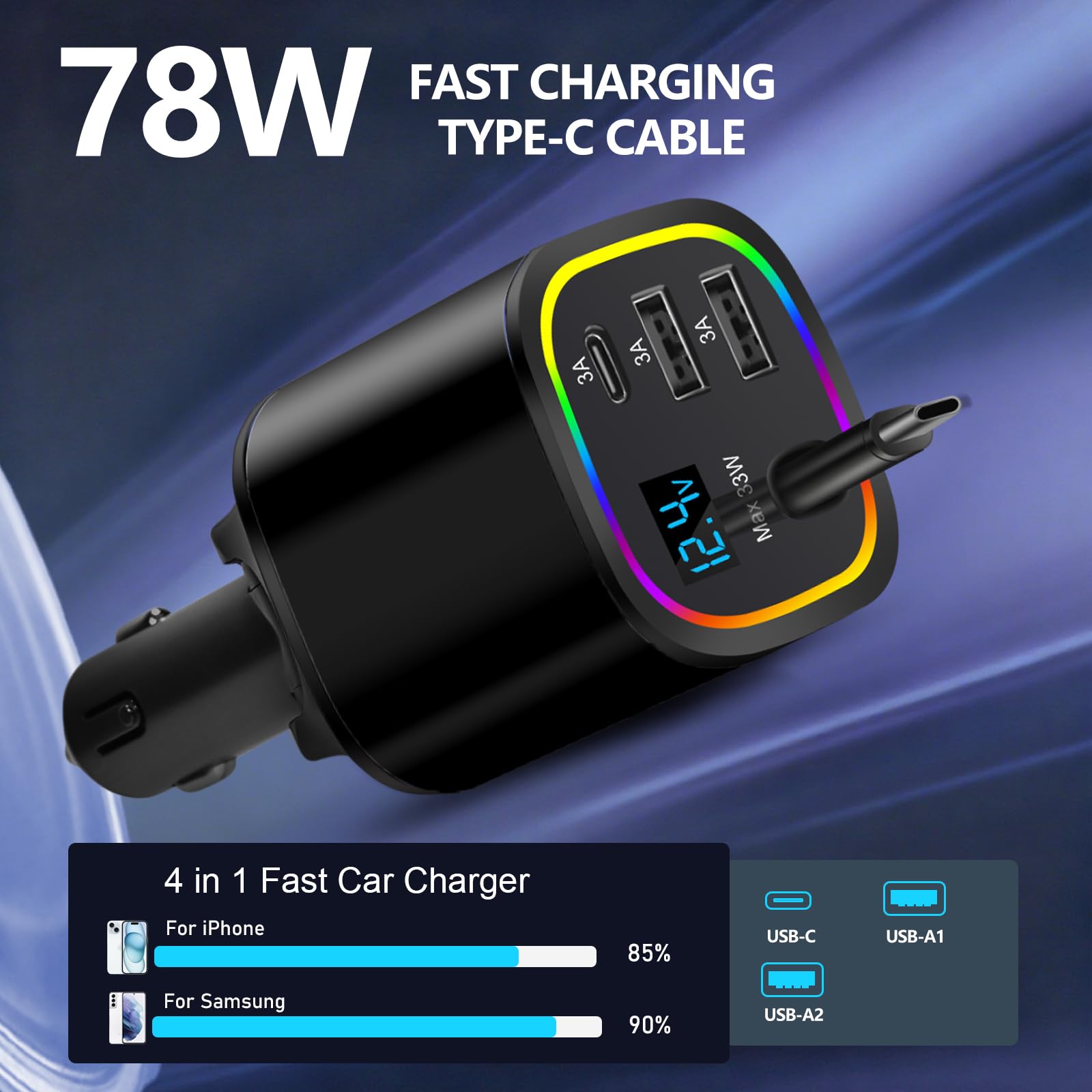 Ładowarka samochodowa USB C, 4 w 1, chowana, 78 W, szybkie ładowanie, ładowarka USB C, adapter typu C na L, do iPhone'a/Samsunga/iPada/Androida (czarna + czarna)