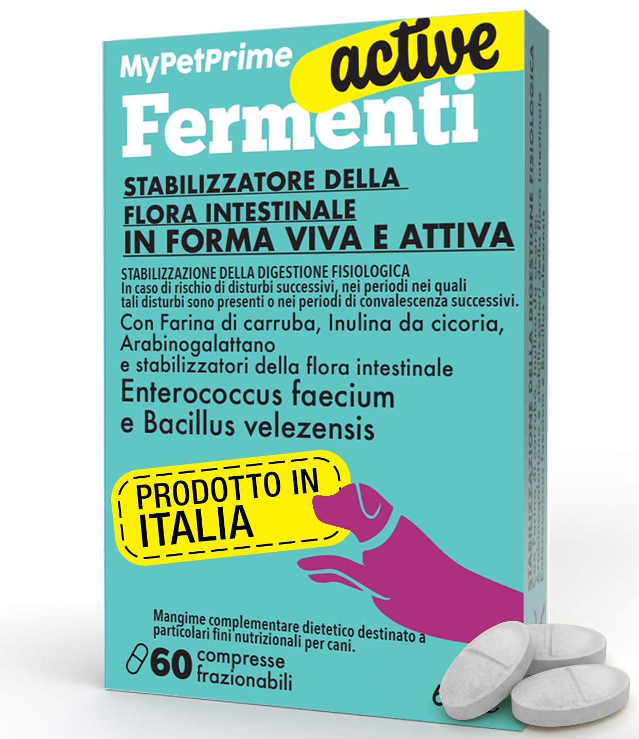 MyPetPrime Fermenti Lattici Cane ACTIVE 60 Cpr Probiotici Digestivi da 6,5 Miliardi con Inulina - Equilibrio Intestinale e Digestione, Ripristino della Flora Batterica, Riduzione di Prurito Cutaneo