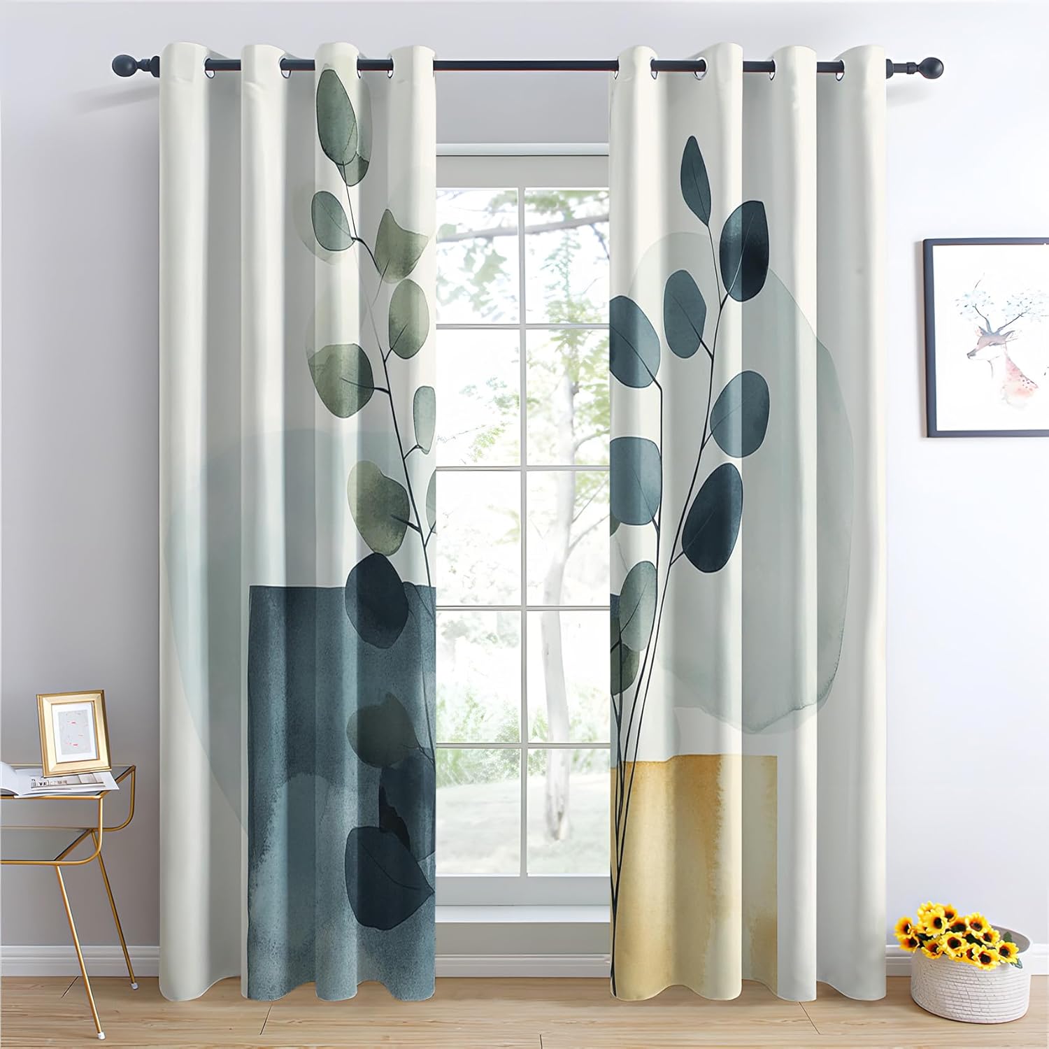 Eucalyptus Blackout Curtains 39 Inch Length, Leaf Curtains for Bedroom Living Room Decor, Abstract Botanical Black Out Grommet Window Drapes 27.5 x 39, 2 Panels Set