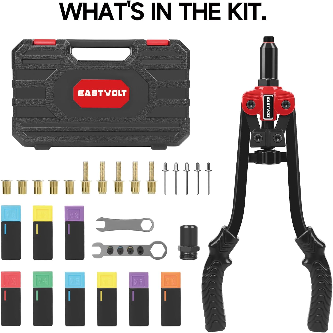 Eastvolt Rivet Nut Tool Kit, 3 in 1 Hand Rivet Gun, 14-Inch Rivnut Tool with 6 Metric Mandrels M3 M4 M5 M6 M8 M10, Rivet Bolt Tool with 3 Metric Bolt Mandrels and Rugged Carrying Case