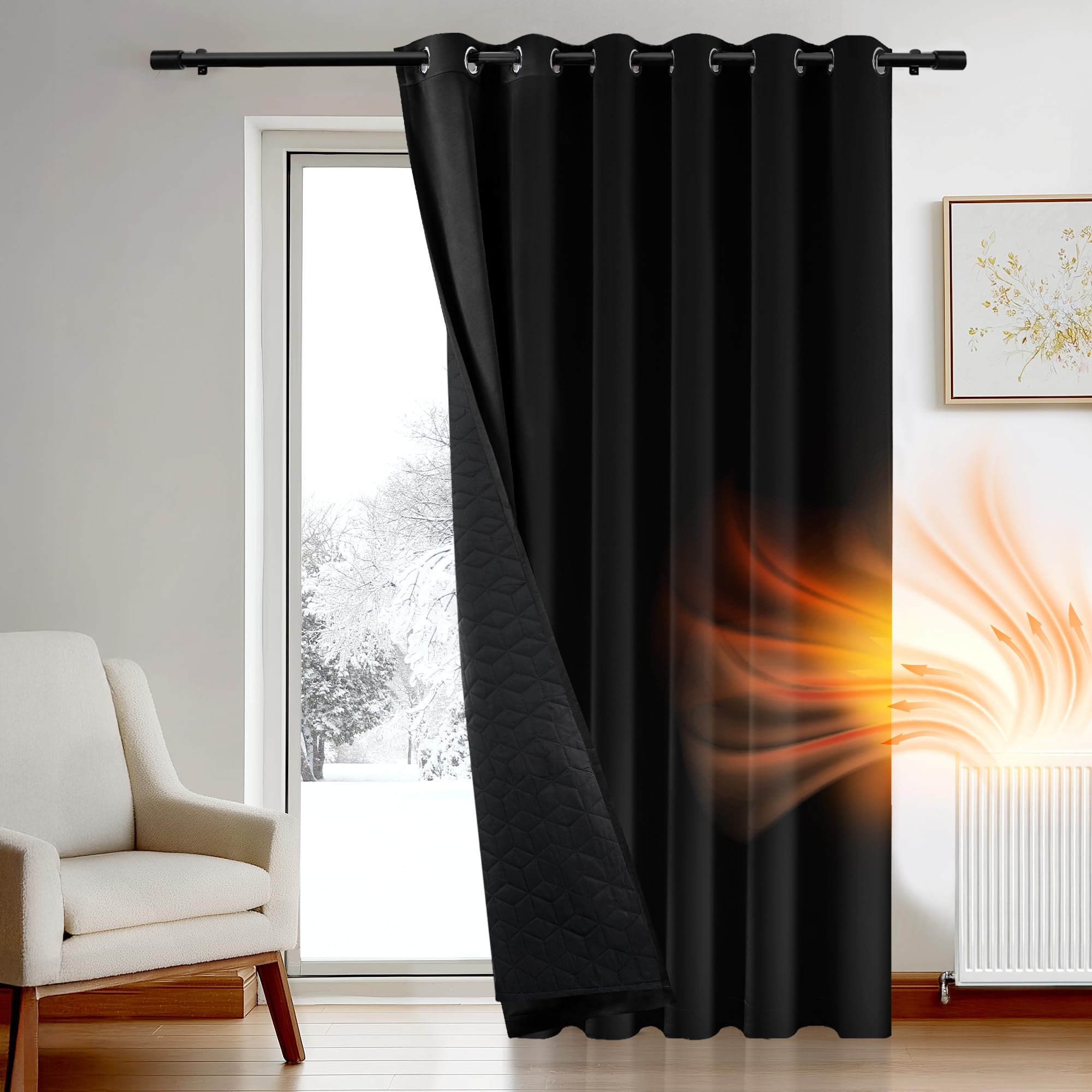 Deconovo Thermal Curtain for Door, Extra Wide Window Panel with Thick Microfiber Quilted Lining, Eyelet Blackout Curtain for Bedroom, W 79" x L 87", Black, 1 Panel