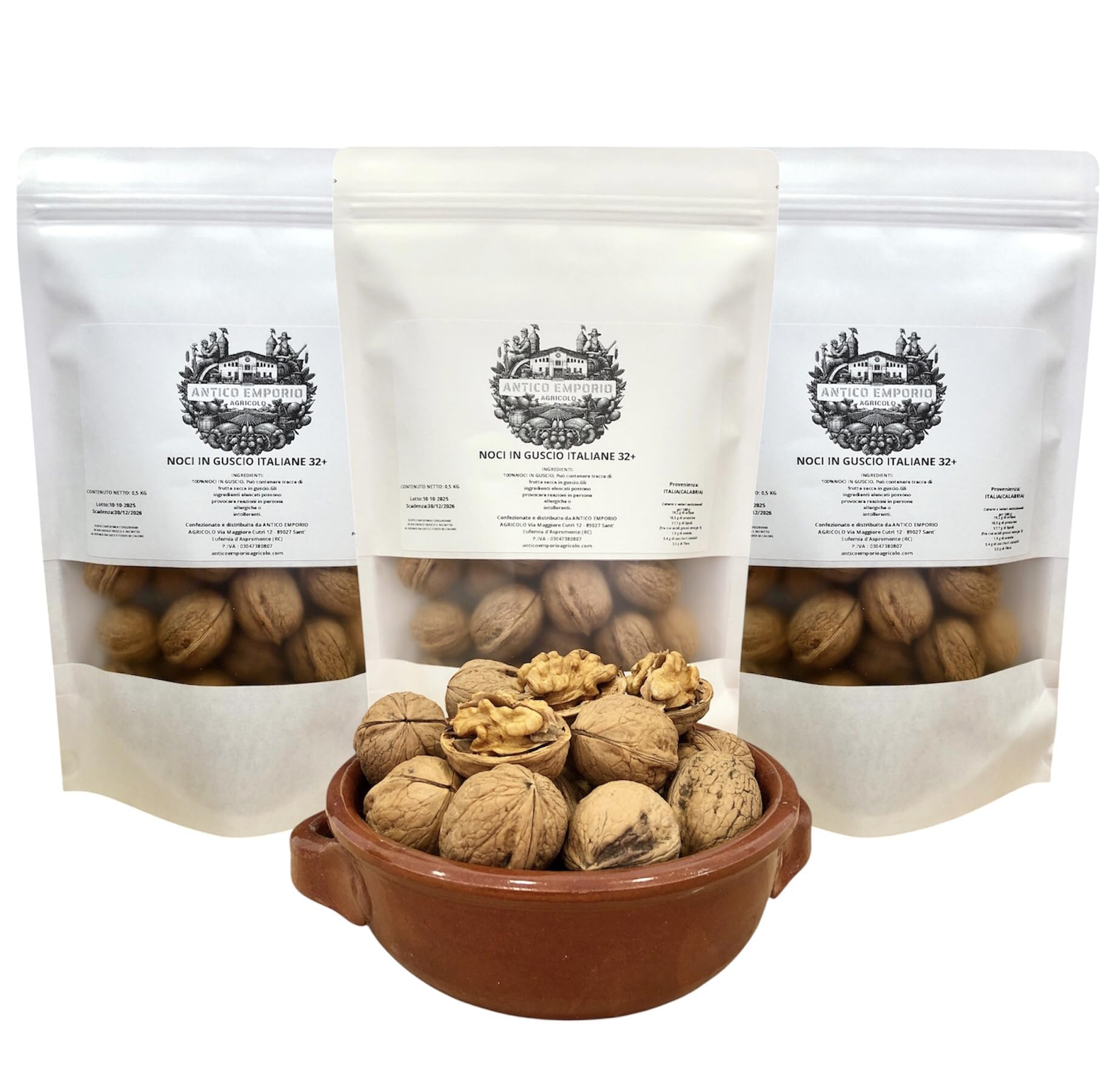 Noci in Guscio Naturali Italiane(Calabria) dal guscio morbido che si apre facilmente - Calibrate 32+ - Confezione in Kraft Richiudibile da 3 Kg