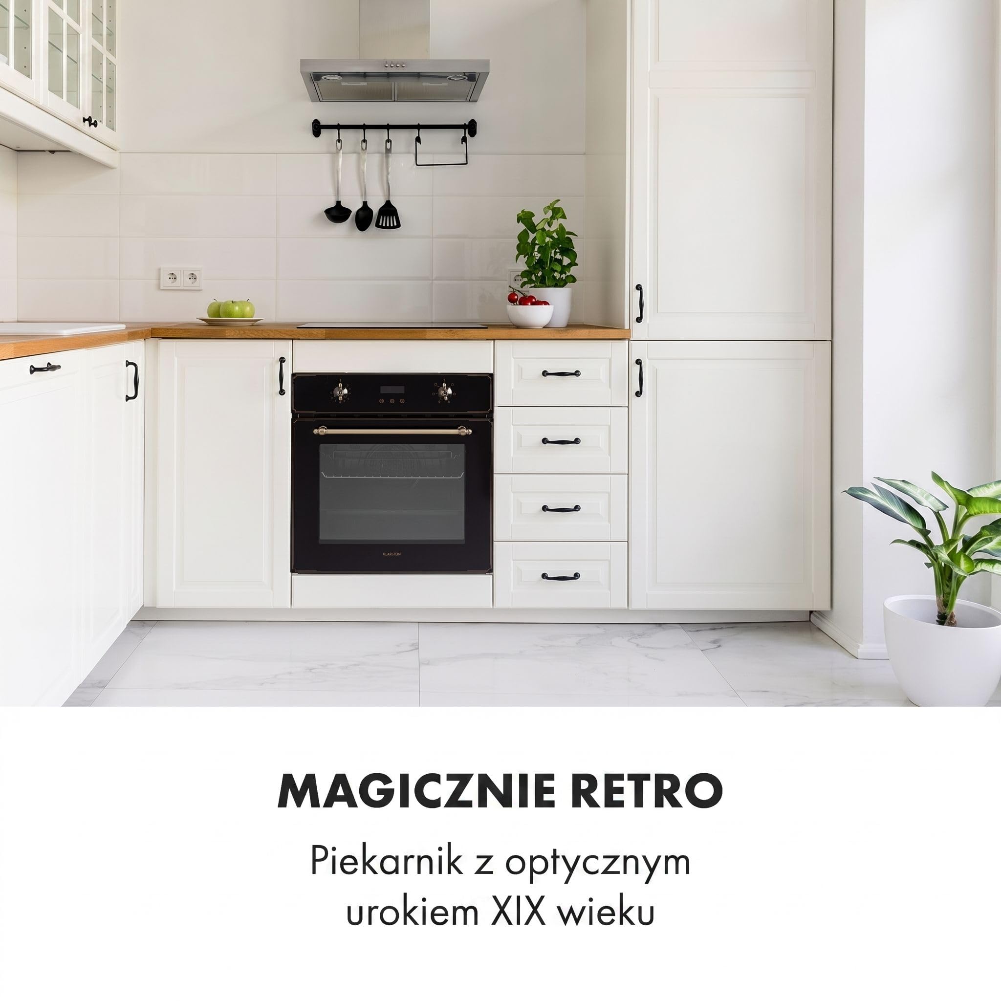 Klarstein Elizabeth - Elektryczny piekarnik do zabudowy, Design retro, 70L, Klasa energetyczna A, Termoobieg/grzanie górne/dolne/grill, 2200 W, 50-250 °C, Pokrętła w wyglądzie mosiądzu, czarny