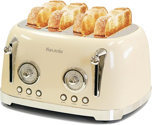 Savania 4-Slice Stainless Steel Wide Slot Vintage Bread Toaster (Beige-4 slice)