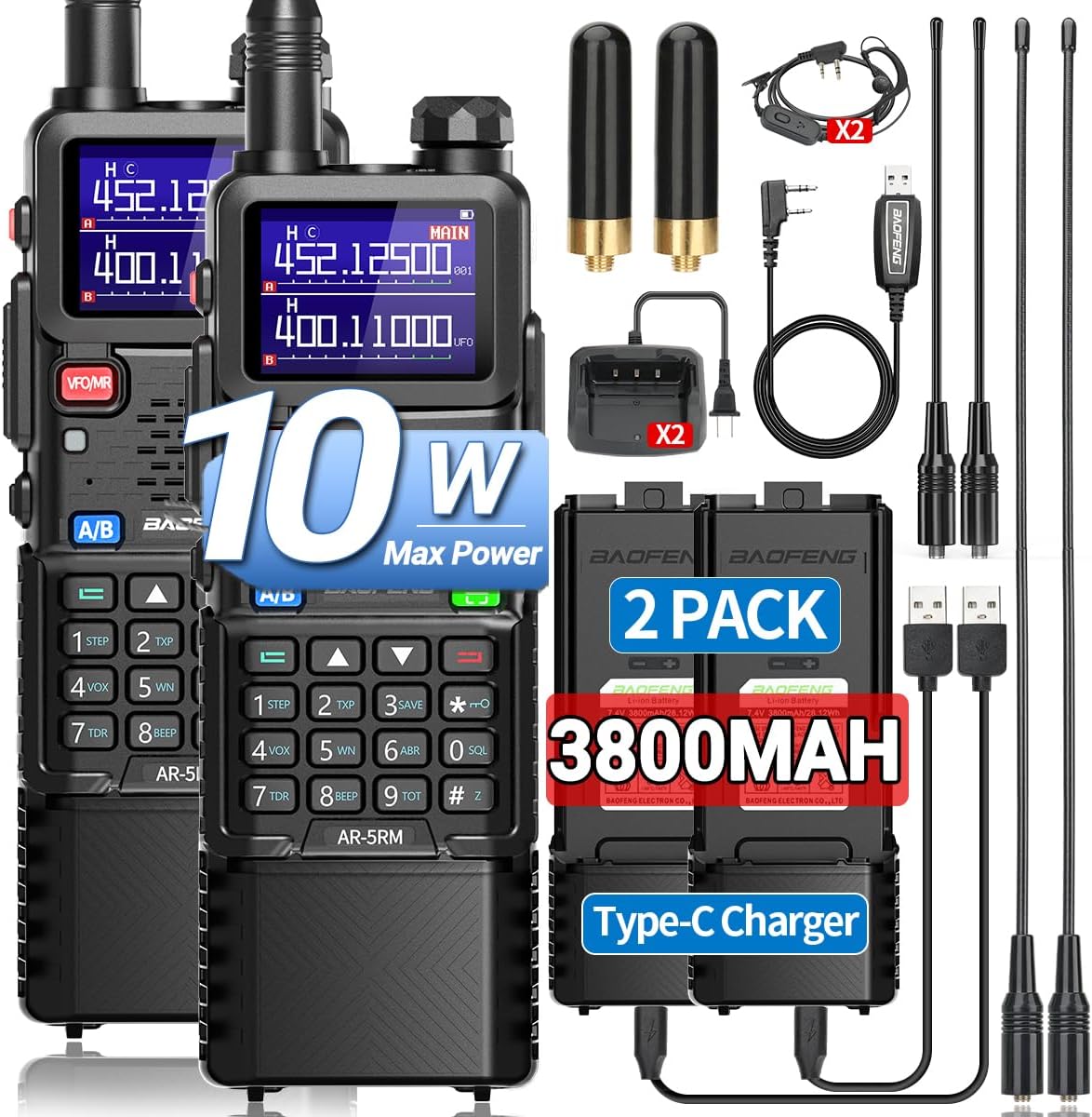Ham Radio Baofeng Radio10W 5RM FM Radio Handheld Two Way Radio Long Range AR-5RM NOAA Weather Radio DTMF Walkie Talkies Copy Frequency 999CH USB-C Charger 3800mAh Battery Survival Radios (2 Pack)