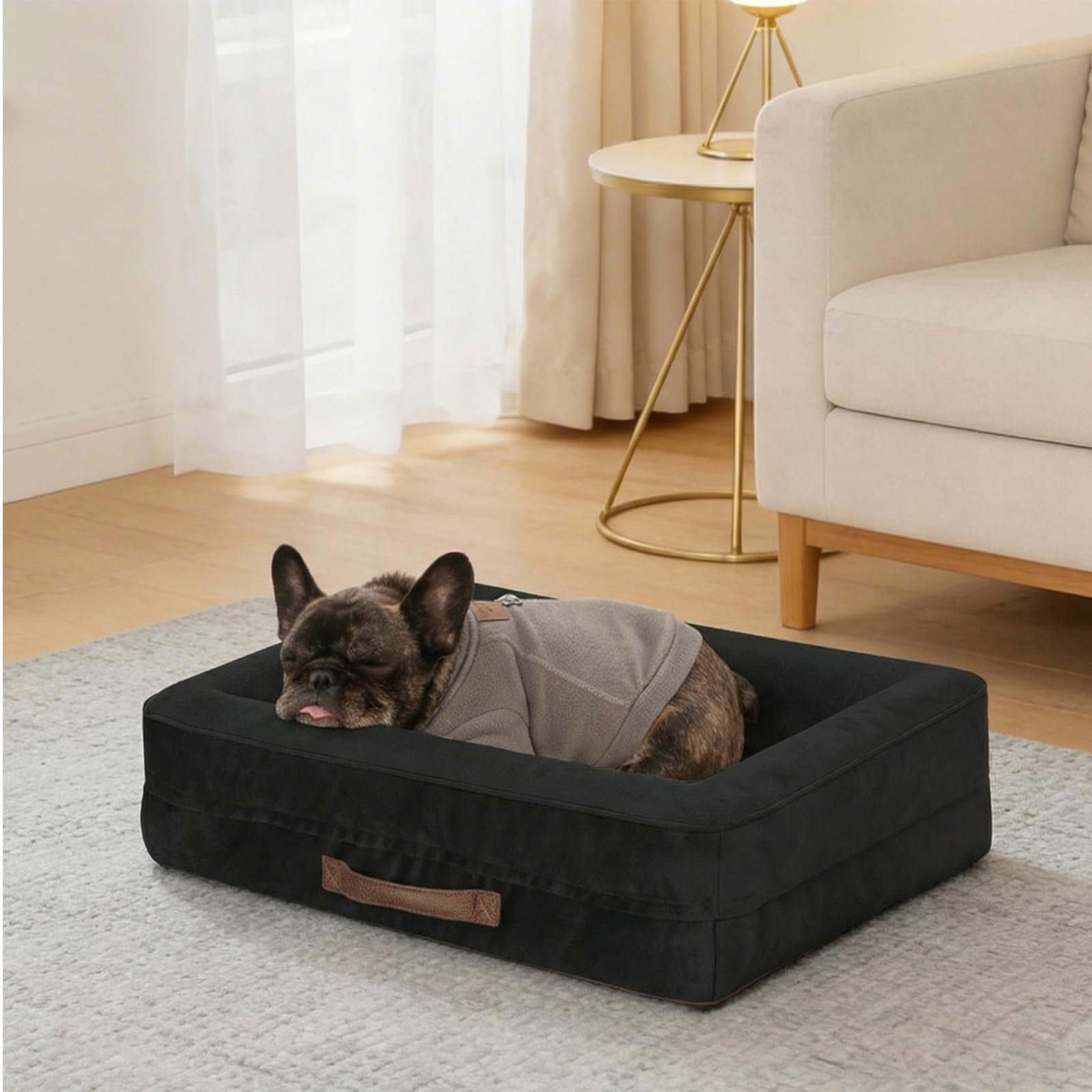 Renvix Medium Orthopedic Cat Bed, Waterproof Dog Sofa Bed with Removable Washable Cover, Soft Egg Foam Pet Bed, Non-Slip Bottom and Four-Sided Bolster Cushion(Black, 61x46x15cm) — image 1