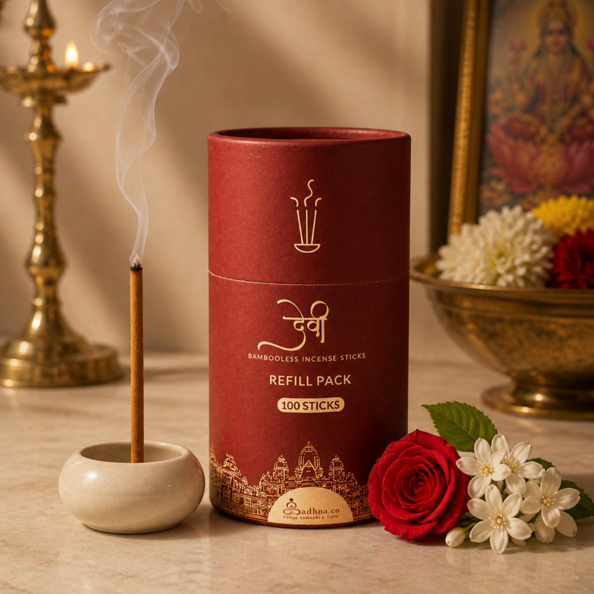 Sadhna.co Devi (Rose & Jasmine Floral) Bambooless Incense Sticks Refill for Home & Pooja (100 Sticks) | Natural Agarbatti | Chemical-Free Smokeless Dhoop Sticks for Evening Aarti & Meditation