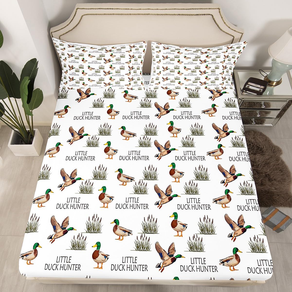 Erosebridal Mallard Duck Fitted Sheet Queen Size,Wild Duck Hunting Theme Bedding Set for Kids Teens,Rustic Lodge Cabin Farmhouse Sheets,Woodland Bird Hunter Weed Bed Sheets Room Decor