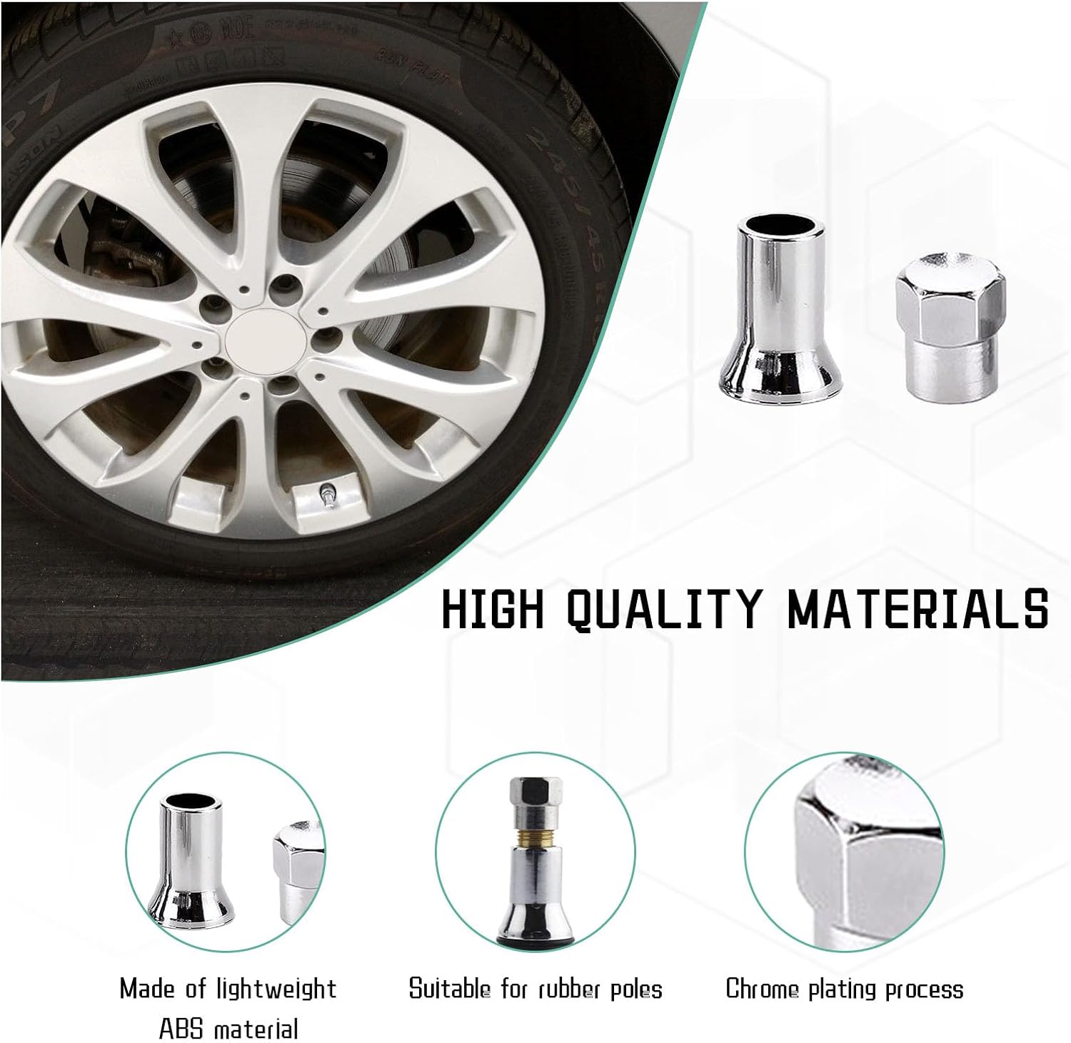 Dickno 5 Sets TR413AC Valve Stem Cover, Chrome Plated Tire Valve Stem Sleeve and Cap Dress Up Kit, Leakproof Car Wheel Valve Covers, Universal Vehicle Accessories for Car Truck image 3