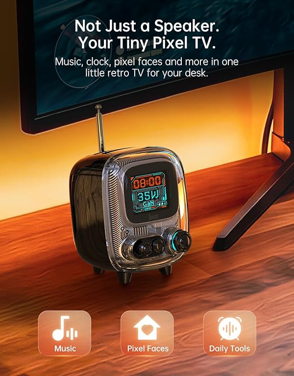 Divoom Tiivoo-2 Retro Bluetooth Speaker with FM Radio, Pixel Art Display, Portable Mini Wireless Speaker, Vintage Desk Decor, Cute Room Speaker for Bedroom, Home Office & Gift, Black by Divoom - Used condition - US$52.21
