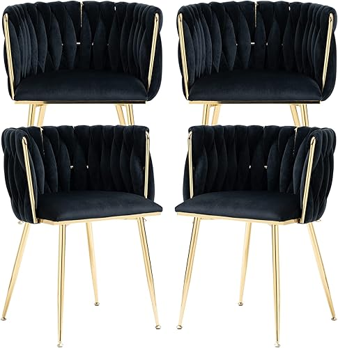 Miniatura 61 de Nrizc Juego de 2 sillas de comedor tejidas, sillas de comedor tapizadas de terciopelo con patas de metal dorado, sillas decorativas modernas para